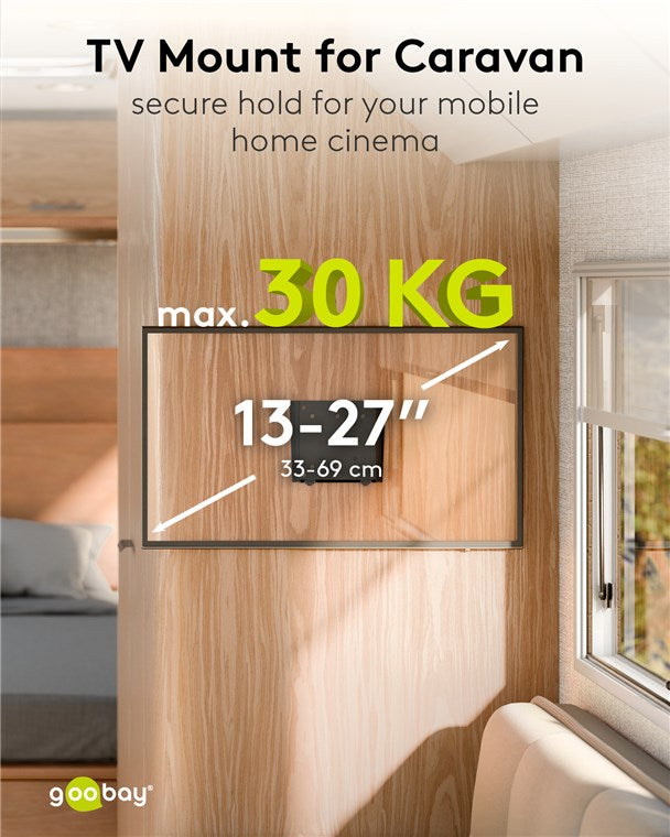 goobay Flache Universal TV Wandhalterung / Halterung für Monitor / max. 30kg / 18mm Wandabstand / 13-27 Zoll Monitore/bis VESA 100x100mm geeignet / für Wohnmobile, Wandhalterung Fernseher