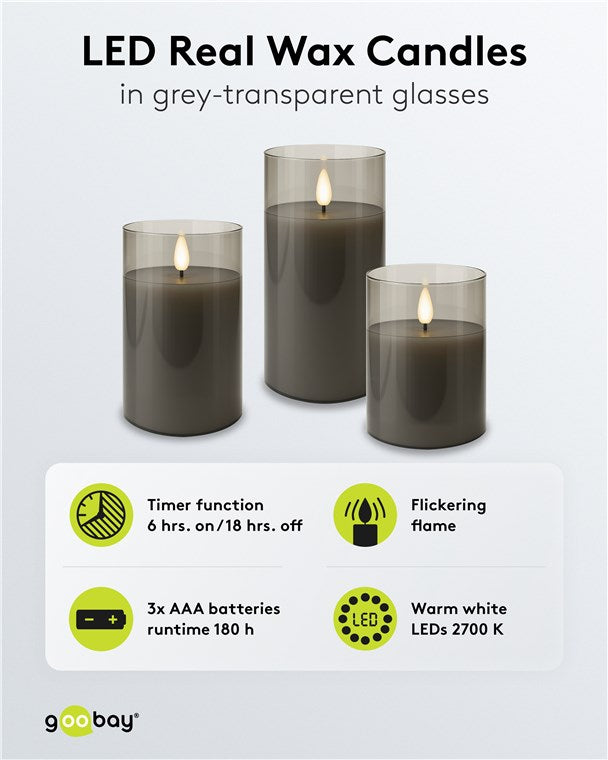 3er-Set LED Kerzen mit Timerfunktion - Echtwachs im Glas, Grau-Transparent, 3D-Docht, batteriebetrieben, warmweiß - Stilvolle LED Kerze für sichere Deko im Wohnzimmer oder Esszimmer