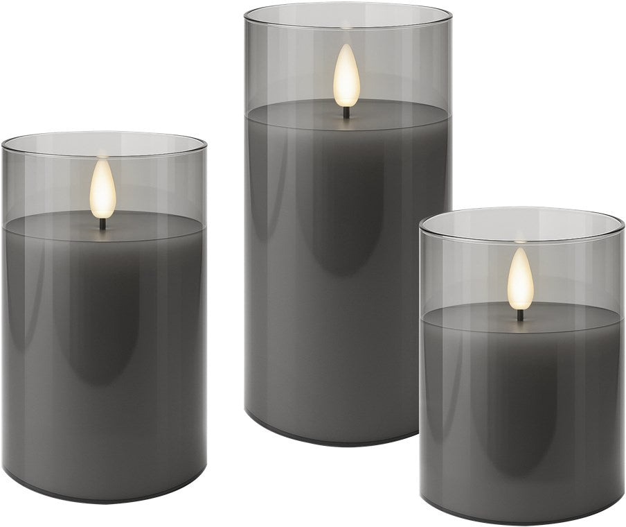 3er-Set LED Kerzen mit Timerfunktion - Echtwachs im Glas, Grau-Transparent, 3D-Docht, batteriebetrieben, warmweiß - Stilvolle LED Kerze für sichere Deko im Wohnzimmer oder Esszimmer