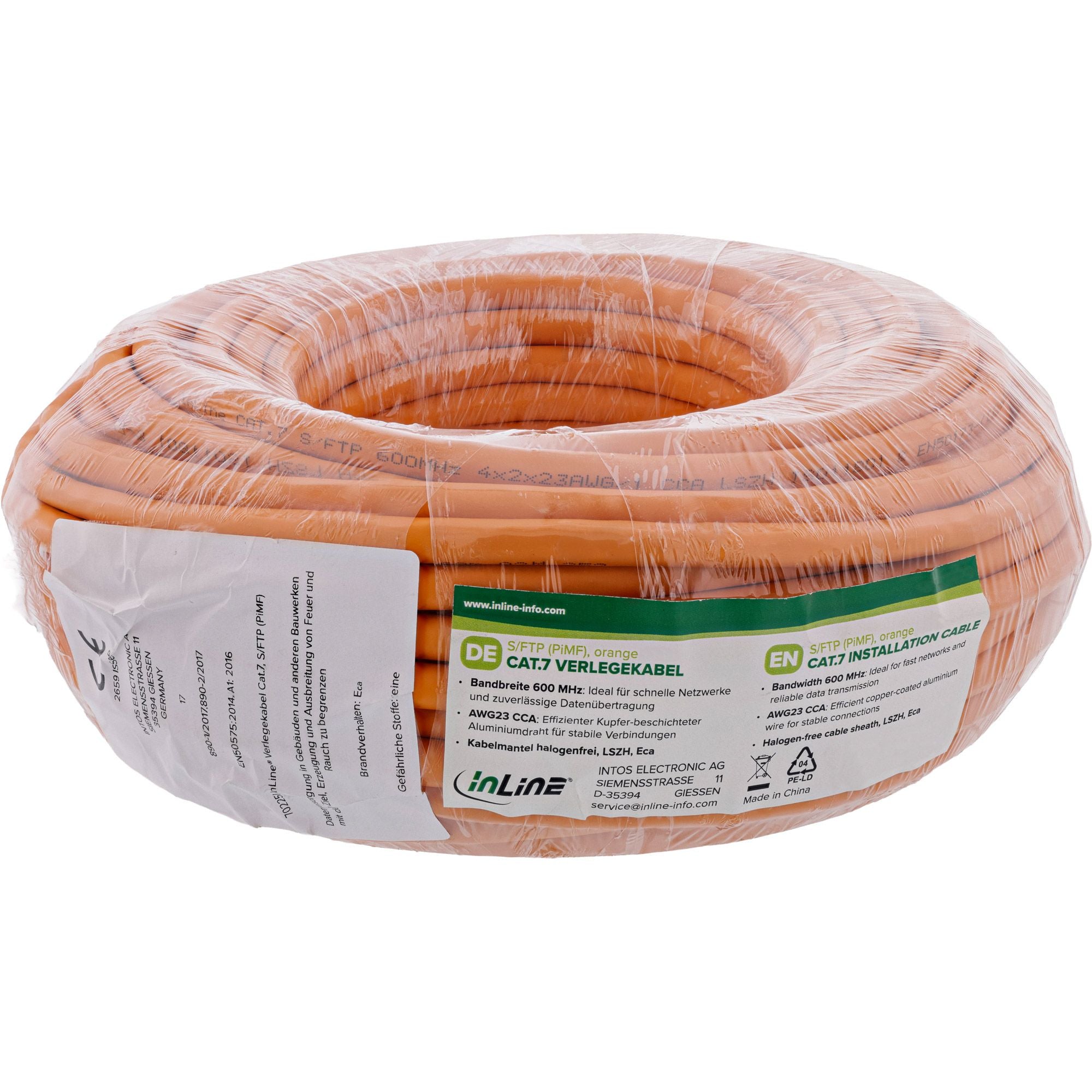 30m Verlegekabel Cat.7 S/FTP, CCA, 600MHz, PoE+, halogenfrei, orange