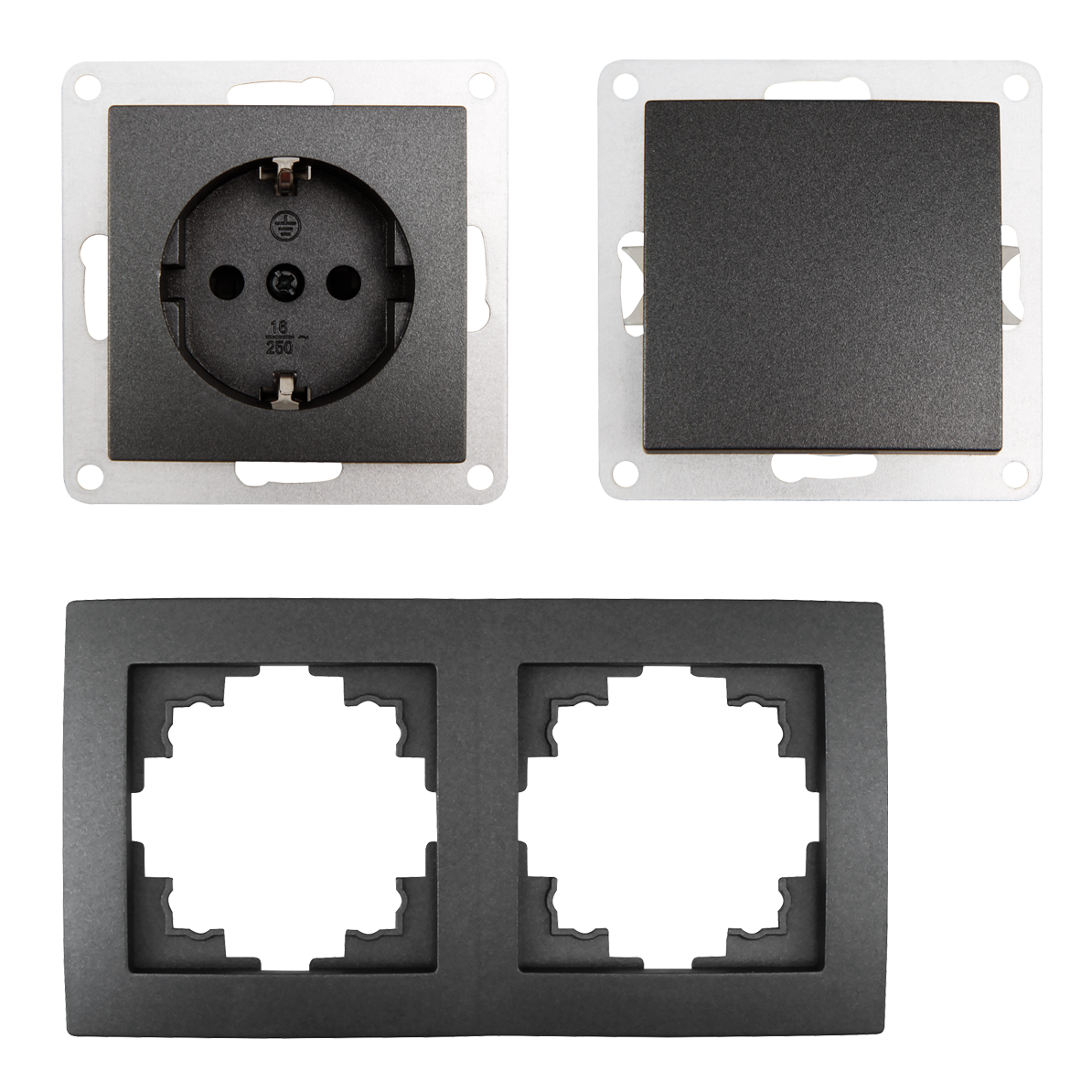 McPower Steckdosen Set | Flair | Tür 2-Fach Profi | 3-teilig, Wandsteckdose mit Lichtschalter, Klemmanschluss dunkelgrau anthrazit, matt