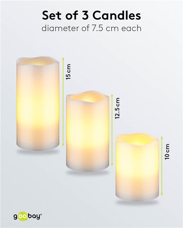 flammenlose Echtwachs LED-Kerzen 3er-Set mit realistischen Flammen, mit 10-Tasten Fernbedienung mit 2/4/6/8- Stunden Timer