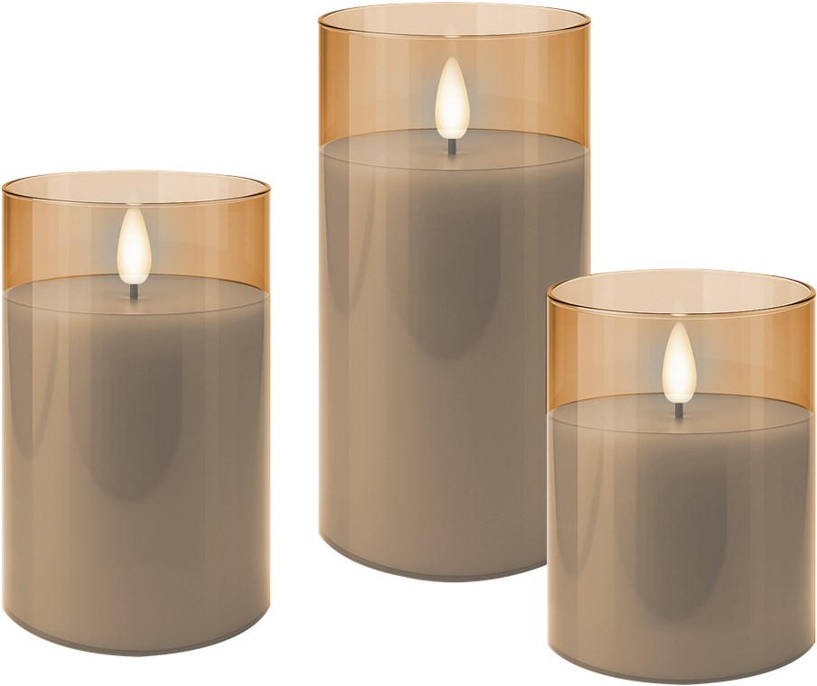 3er-Set LED Kerzen mit Timerfunktion - Echtwachs Im Glas, Gold-Transparent, 3D-Docht, batteriebetrieben, warmweiß - Stilvolle LED Kerze für sichere Deko im Wohnzimmer oder Esszimmer
