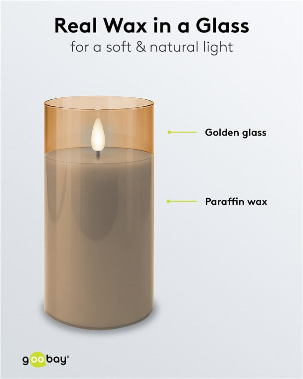 3er-Set LED Kerzen mit Timerfunktion - Echtwachs Im Glas, Gold-Transparent, 3D-Docht, batteriebetrieben, warmweiß - Stilvolle LED Kerze für sichere Deko im Wohnzimmer oder Esszimmer