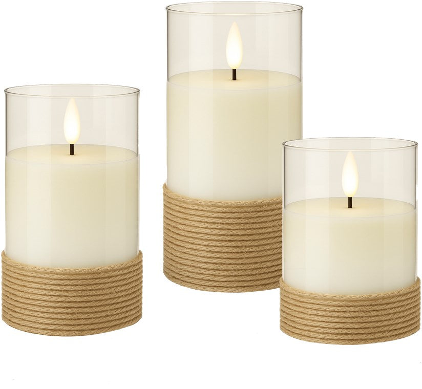 3er-Set LED-Kerzen im Glas, Weiß, mit Timerfunktion und 3D-Docht - im Hanf umwickelten Glas LED Kerzen für Stilvolle Dekoration, Batteriebetrieben