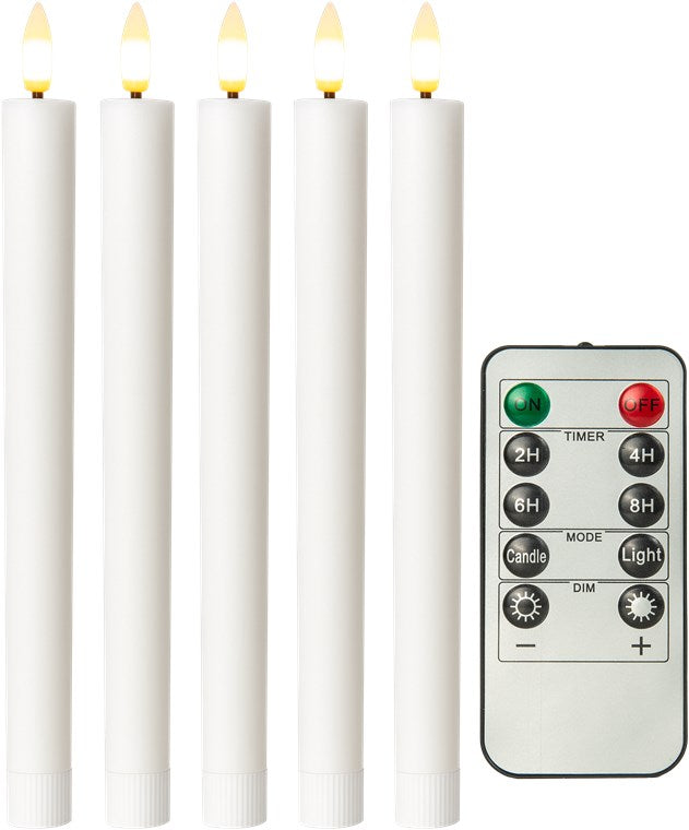 5er-Set LED-Stabkerzen aus Echtwachs, weiß – inkl. Fernbedienung, Time