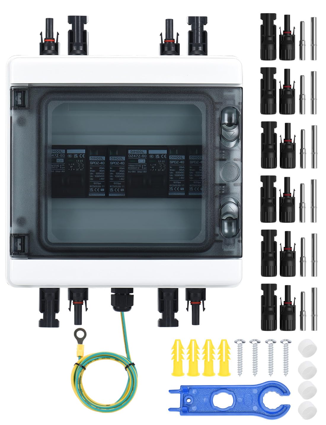 DC Überspannungsschutz PV Anlage 2 Strings Solar Anschlusskasten für 2 * 600W Solarmodule Balkonkraftwerk, 40A 1000V DC Trennschalter