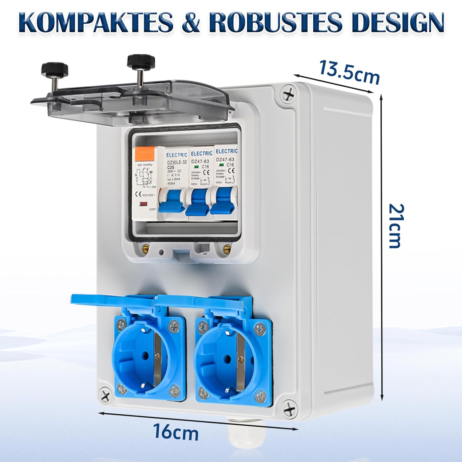Baustromverteiler Vorverkabelt Stromverteiler, 2x 230V Schuko Steckdosen, Wandverteiler mit 1x FI-Schalter 25A + 2x LS Schalter 16A 1P, IP67 Wasserdicht Gehäuse für Innen und Außen