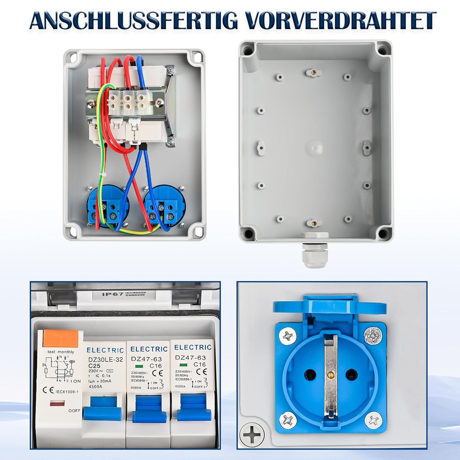 Baustromverteiler Vorverkabelt Stromverteiler, 2x 230V Schuko Steckdosen, Wandverteiler mit 1x FI-Schalter 25A + 2x LS Schalter 16A 1P, IP67 Wasserdicht Gehäuse für Innen und Außen