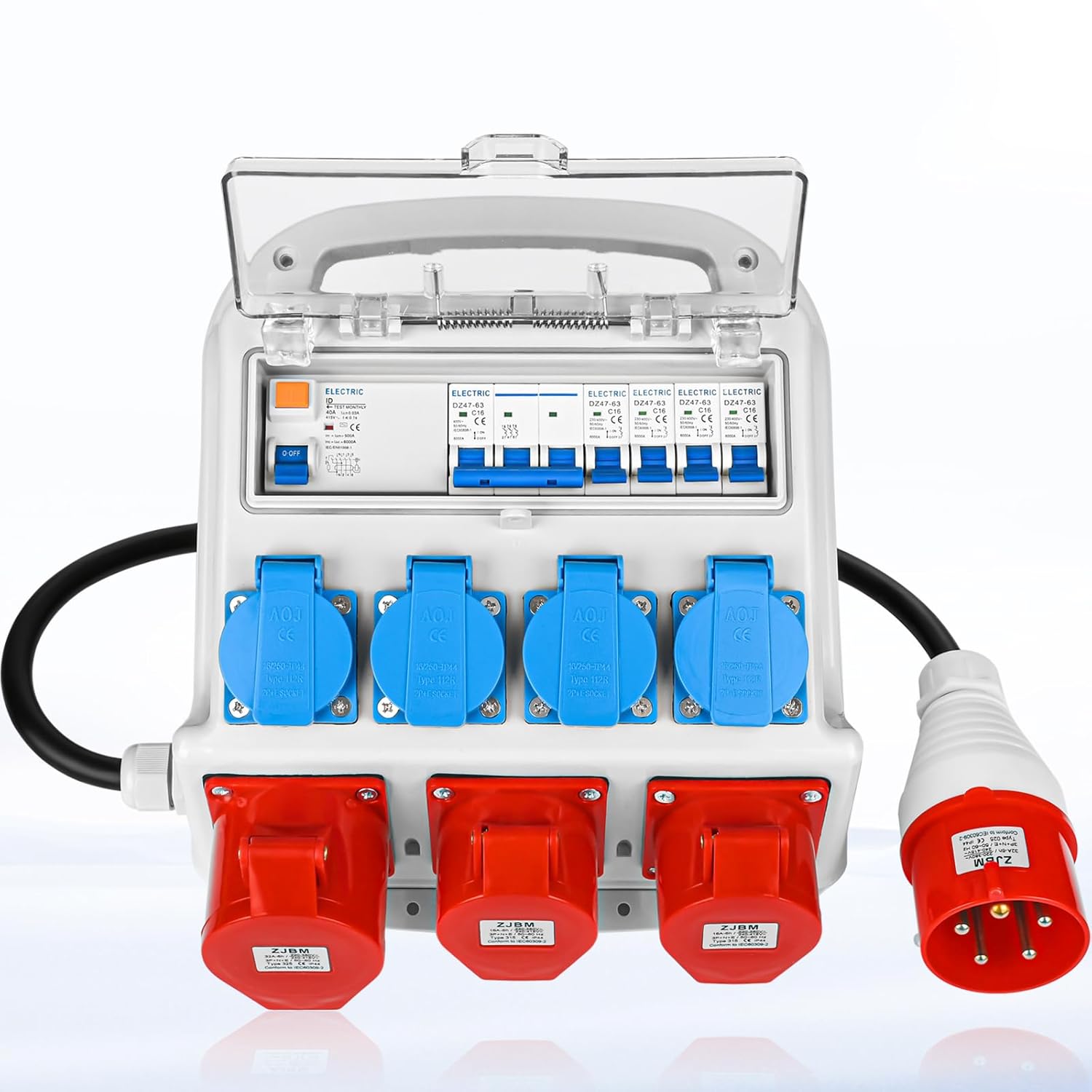 Wandverteiler Vorverkabelt Stromverteiler, 4x 230V Schuko Steckdosen + 2x CEE 16A + 1x CEE 32A, Baustromverteiler mit FI-Schalter und LS Schalter, IP67 Wasserdicht Gehäuse für Innen und Außen