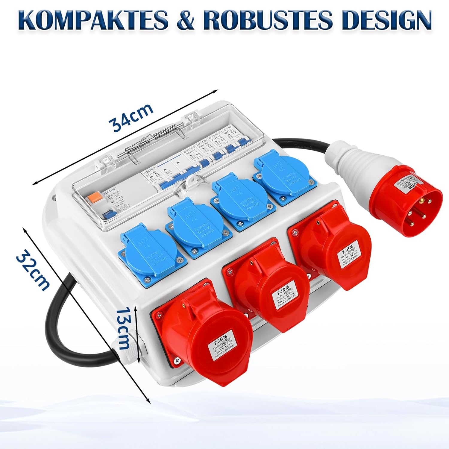 Wandverteiler Vorverkabelt Stromverteiler, 4x 230V Schuko Steckdosen + 2x CEE 16A + 1x CEE 32A, Baustromverteiler mit FI-Schalter und LS Schalter, IP67 Wasserdicht Gehäuse für Innen und Außen