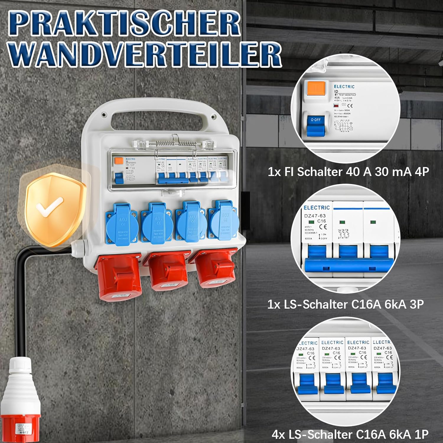 Wandverteiler Vorverkabelt Stromverteiler, 4x 230V Schuko Steckdosen + 2x CEE 16A + 1x CEE 32A, Baustromverteiler mit FI-Schalter und LS Schalter, IP67 Wasserdicht Gehäuse für Innen und Außen