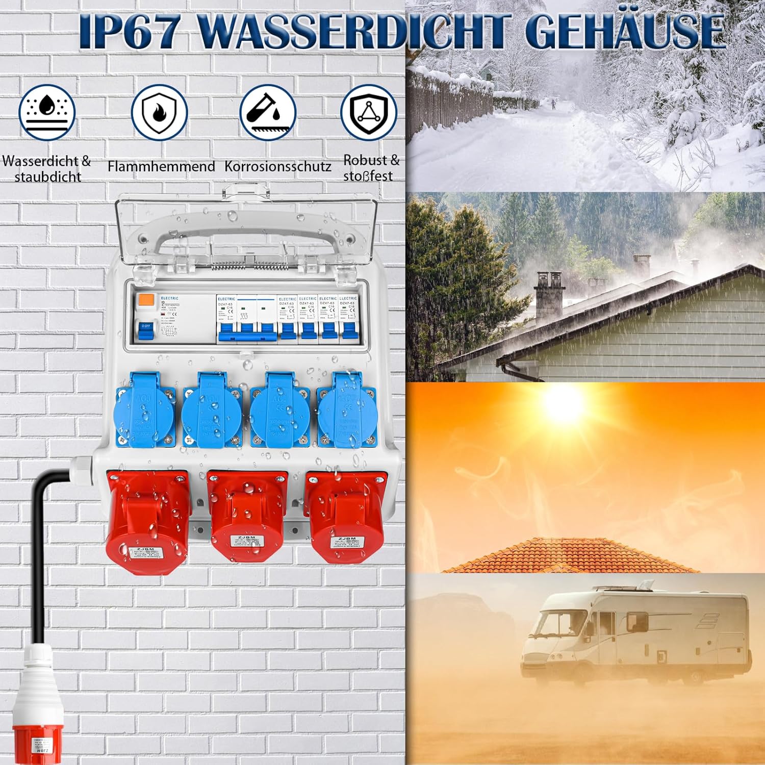 Wandverteiler Vorverkabelt Stromverteiler, 4x 230V Schuko Steckdosen + 2x CEE 16A + 1x CEE 32A, Baustromverteiler mit FI-Schalter und LS Schalter, IP67 Wasserdicht Gehäuse für Innen und Außen