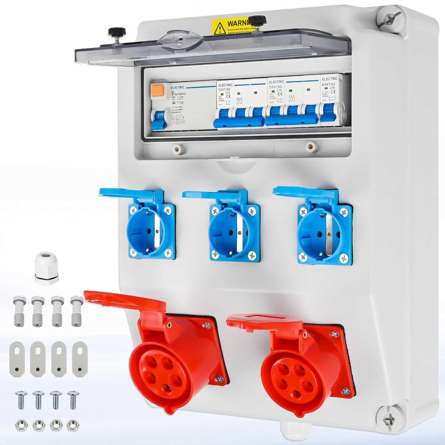 Wandverteiler Vorverkabelt Stromverteiler, 3x 230V Schuko Steckdosen + 1x CEE 16A & 32A, Baustromverteiler mit FI-Schalter und LS Schalter, IP67 Wasserdicht Gehäuse für Innen und Außen