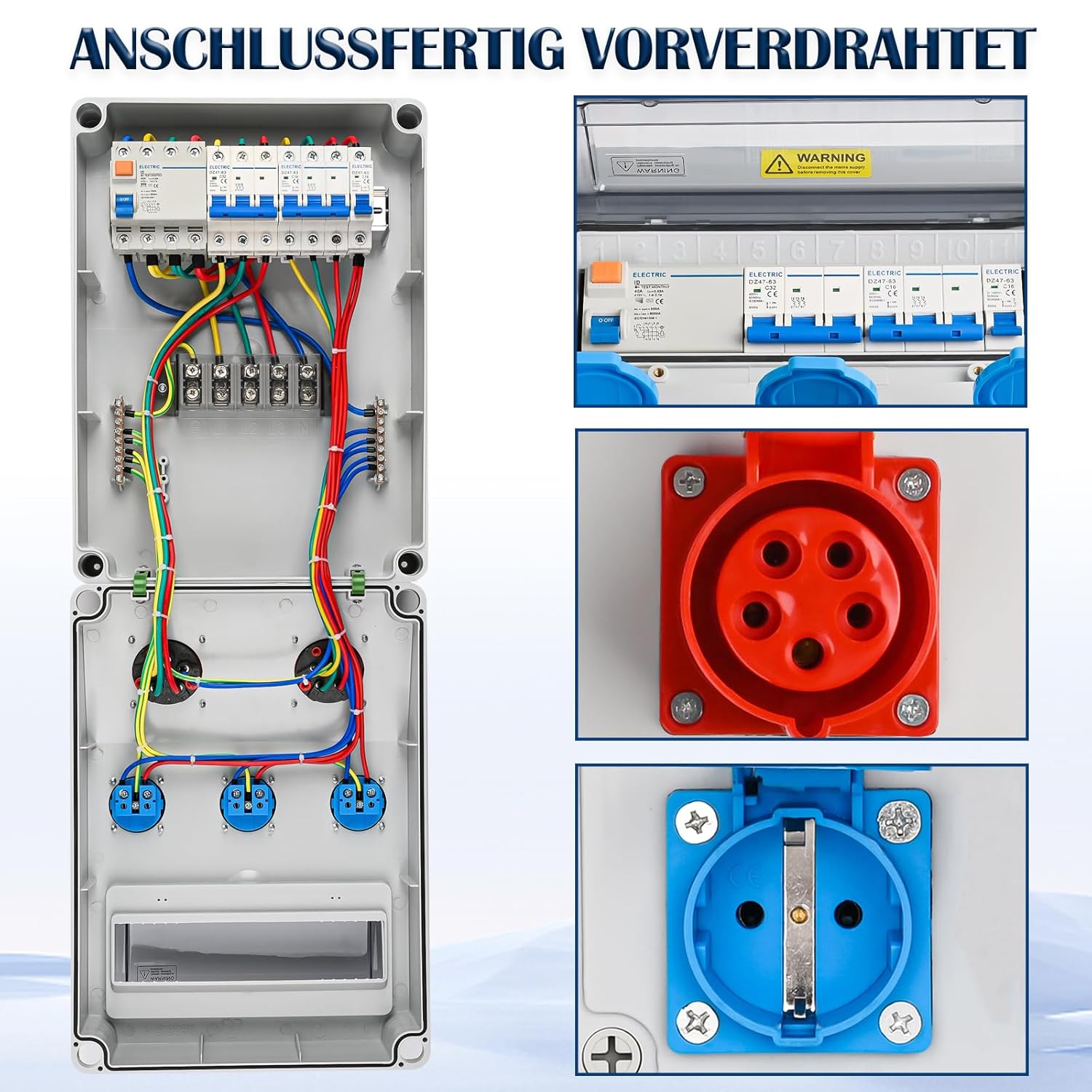 Wandverteiler Vorverkabelt Stromverteiler, 3x 230V Schuko Steckdosen + 1x CEE 16A & 32A, Baustromverteiler mit FI-Schalter und LS Schalter, IP67 Wasserdicht Gehäuse für Innen und Außen