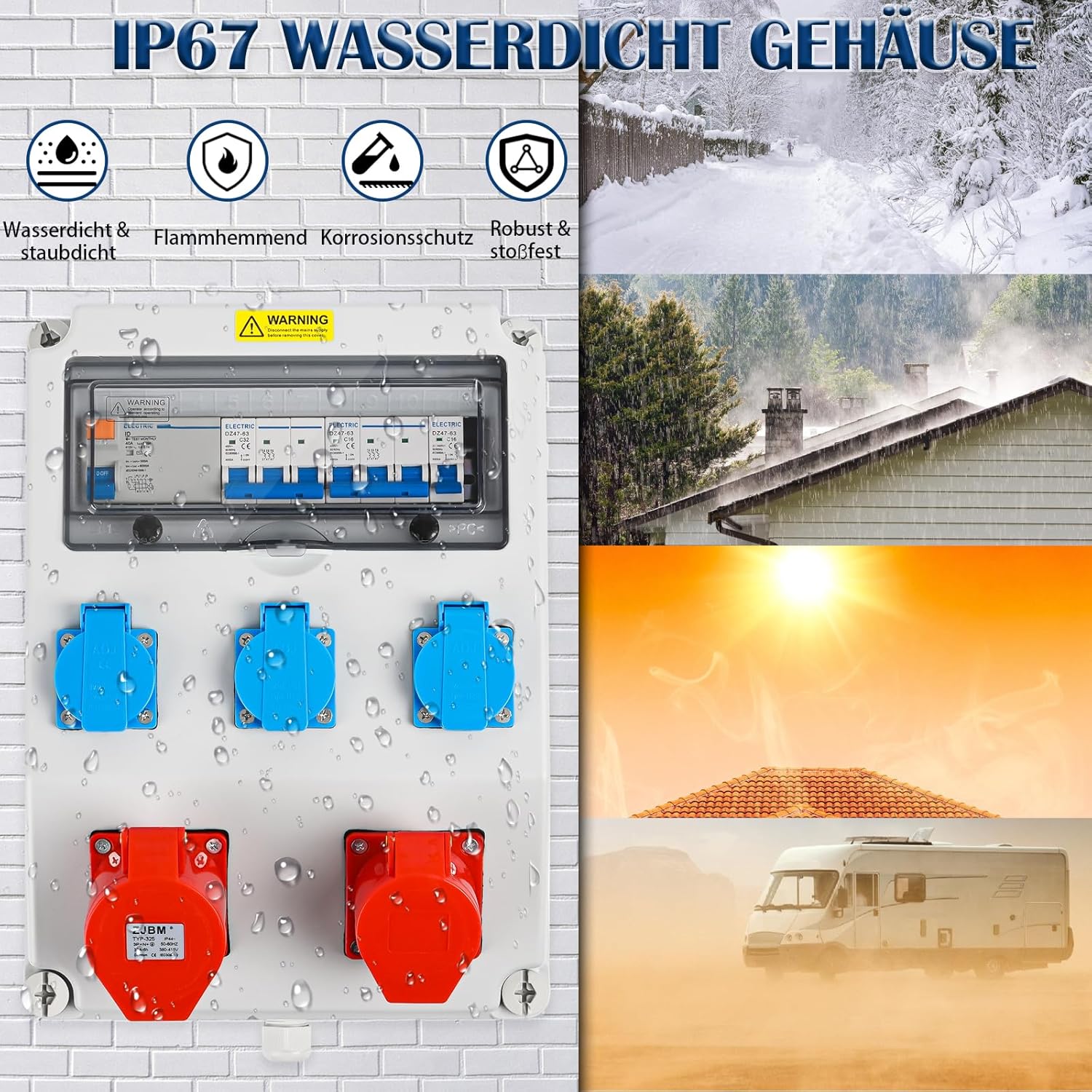 Wandverteiler Vorverkabelt Stromverteiler, 3x 230V Schuko Steckdosen + 1x CEE 16A & 32A, Baustromverteiler mit FI-Schalter und LS Schalter, IP67 Wasserdicht Gehäuse für Innen und Außen