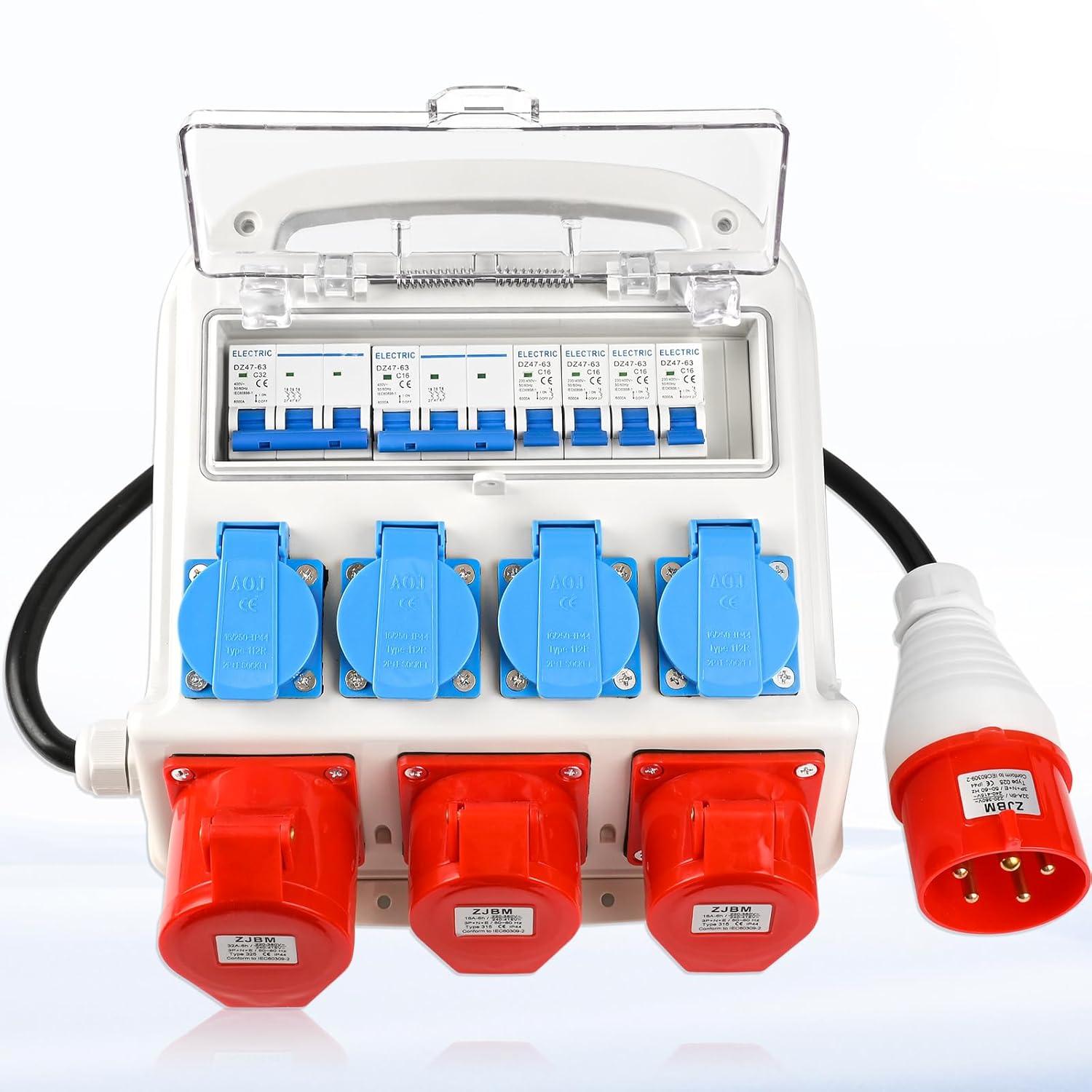 Wandverteiler Vorverkabelt Stromverteiler, 4x 230V Schuko Steckdosen + 2x CEE 16A + 1x CEE 32A, Baustromverteiler mit Leitungsschutzschalter, IP67 Wasserdicht Gehäuse für Innen und Außen