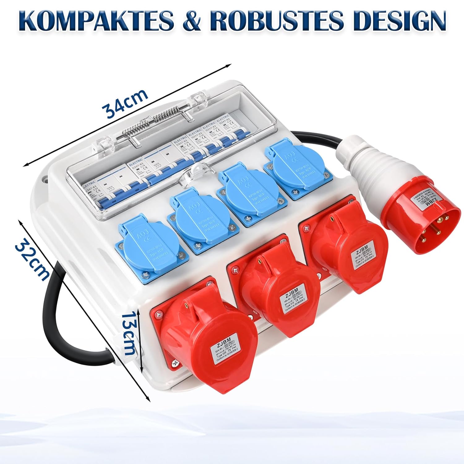 Wandverteiler Vorverkabelt Stromverteiler, 4x 230V Schuko Steckdosen + 2x CEE 16A + 1x CEE 32A, Baustromverteiler mit Leitungsschutzschalter, IP67 Wasserdicht Gehäuse für Innen und Außen