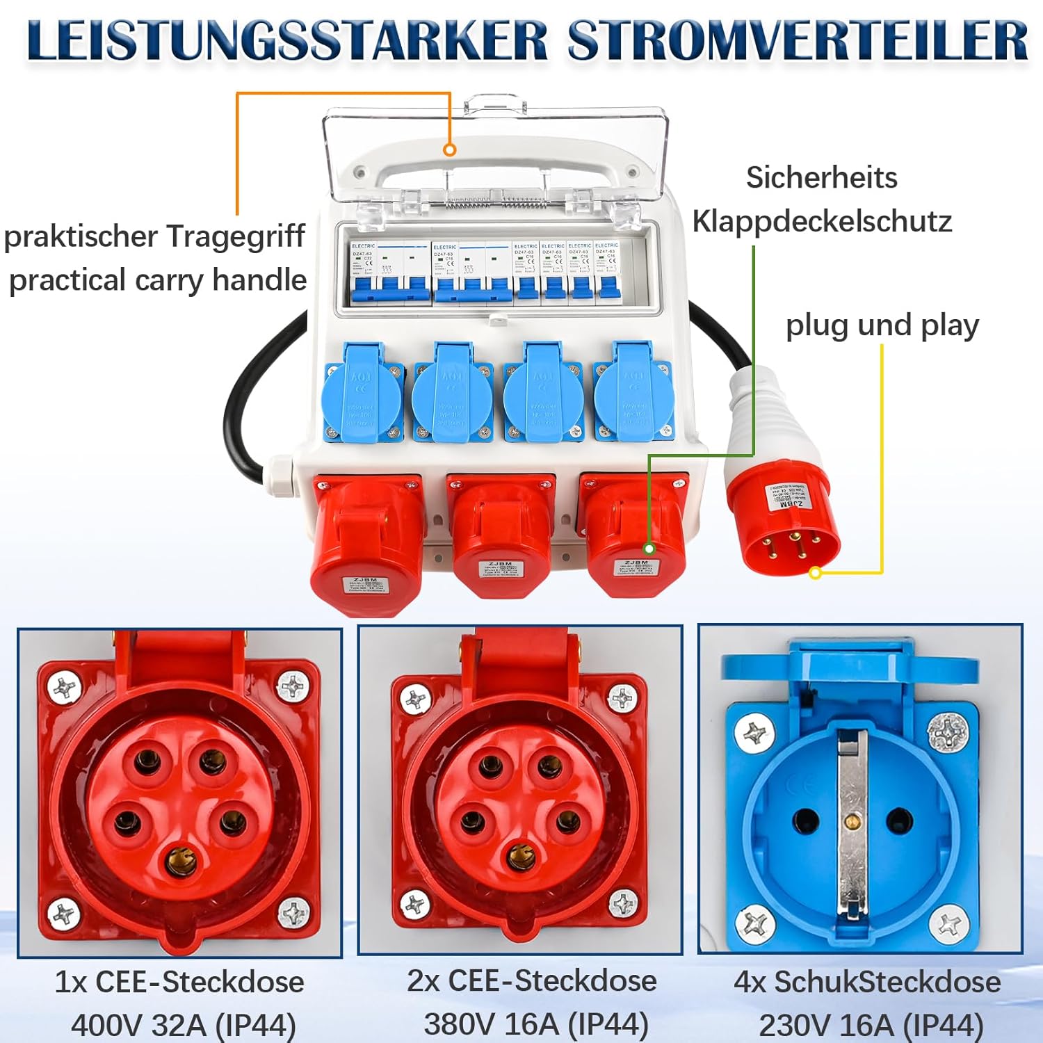 Wandverteiler Vorverkabelt Stromverteiler, 4x 230V Schuko Steckdosen + 2x CEE 16A + 1x CEE 32A, Baustromverteiler mit Leitungsschutzschalter, IP67 Wasserdicht Gehäuse für Innen und Außen
