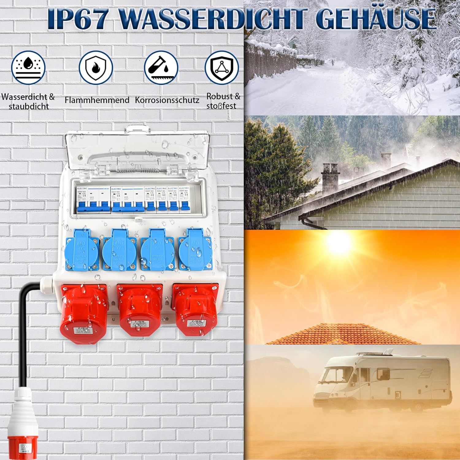 Wandverteiler Vorverkabelt Stromverteiler, 4x 230V Schuko Steckdosen + 2x CEE 16A + 1x CEE 32A, Baustromverteiler mit Leitungsschutzschalter, IP67 Wasserdicht Gehäuse für Innen und Außen