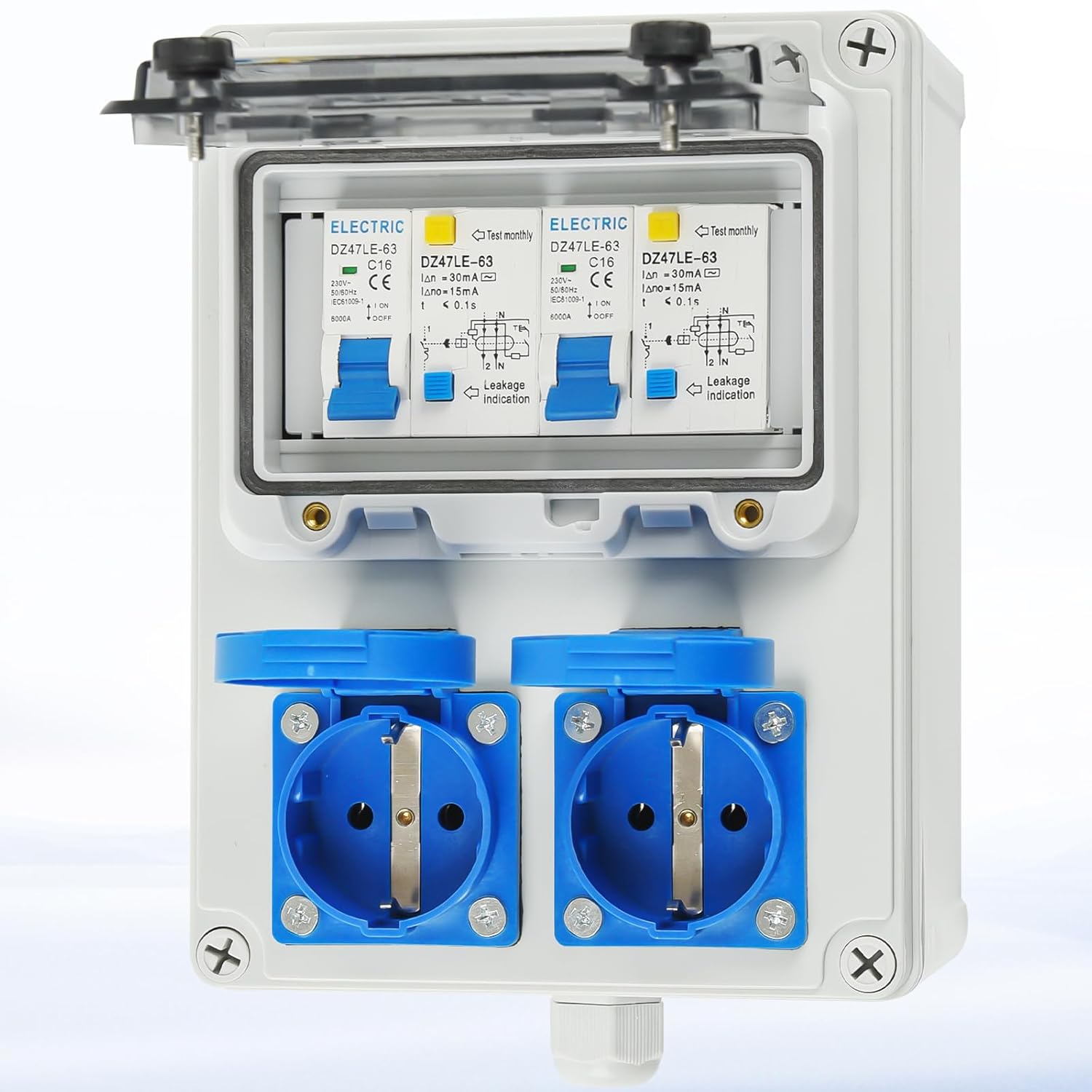 Baustromverteiler Vorverkabelt Stromverteiler, 2x 230V Schuko Steckdosen, Wandverteiler mit 2x FI-Schalter 16A, IP67 Wasserdicht Gehäuse für Innen und Außen