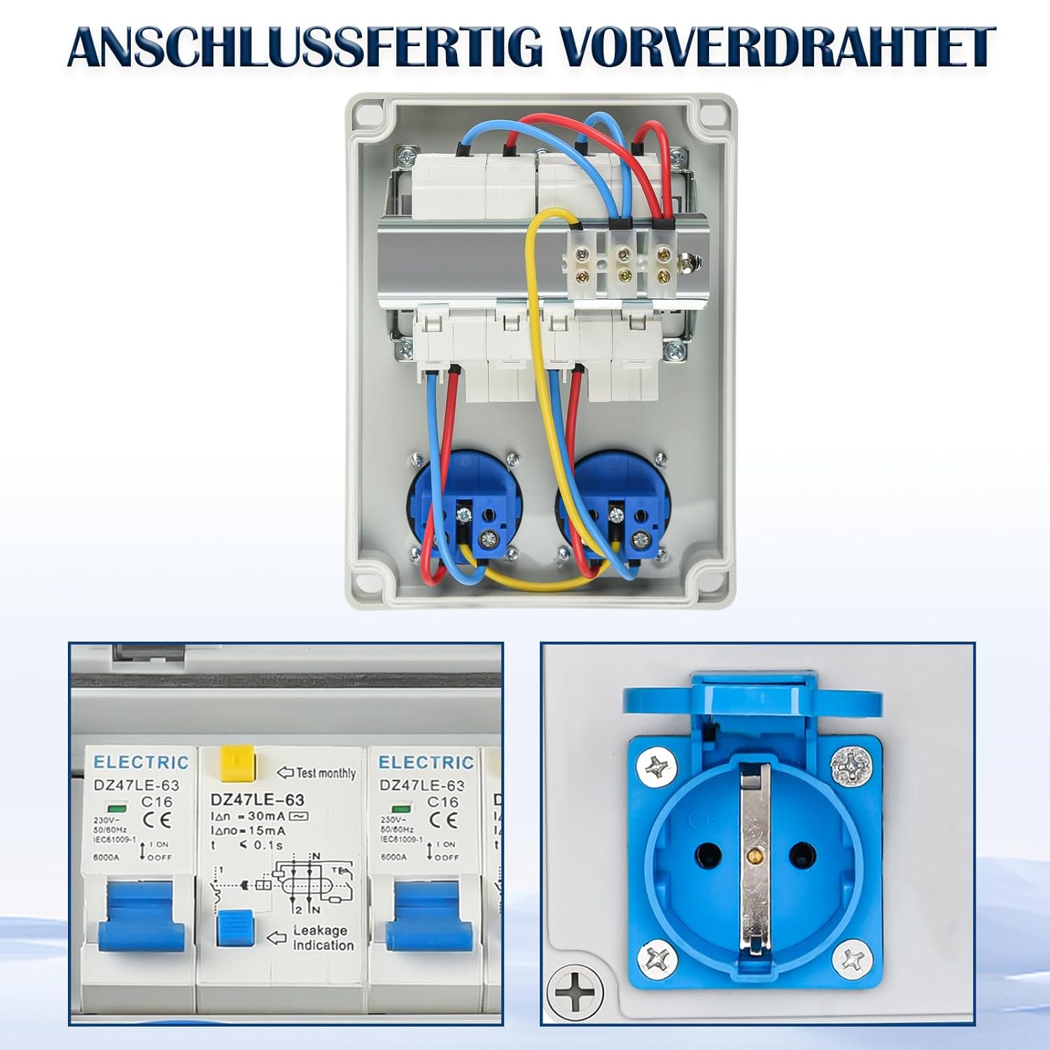 Baustromverteiler Vorverkabelt Stromverteiler, 2x 230V Schuko Steckdosen, Wandverteiler mit 2x FI-Schalter 16A, IP67 Wasserdicht Gehäuse für Innen und Außen