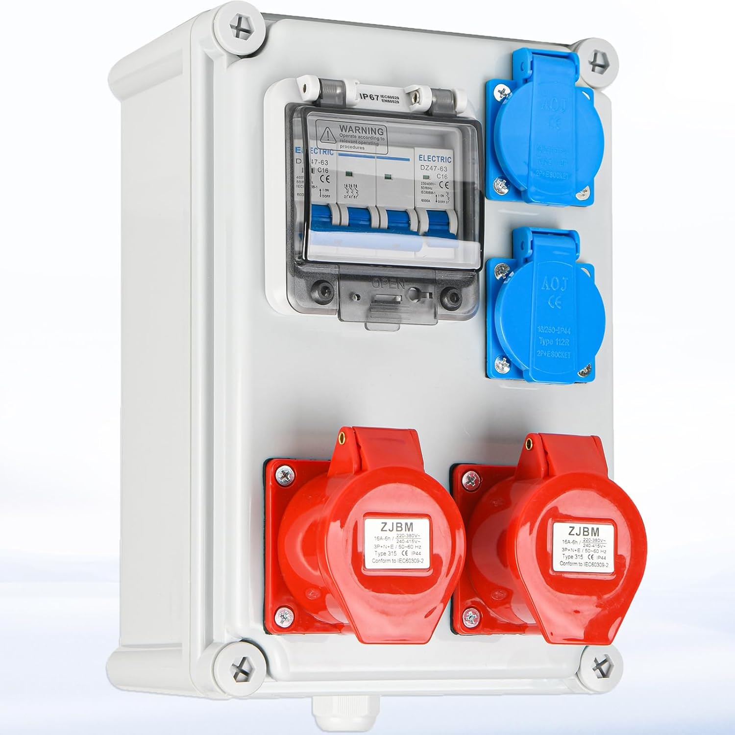 Wandverteiler Vorverkabelt Stromverteiler, 2x 230V Schuko Steckdosen + 2x CEE 16A 380V, Baustromverteiler mit Leitungsschutzschalter, IP67 Wasserdicht Gehäuse für Innen und Außen