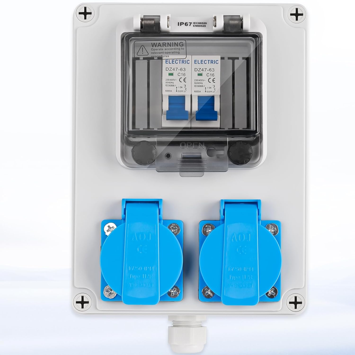 Baustromverteiler Vorverkabelt Stromverteiler, 2x 230V Schuko Steckdosen, Wandverteiler mit 2x Leitungsschutzschalter 16A 1P, IP67 Wasserdicht Gehäuse für Innen und Außen
