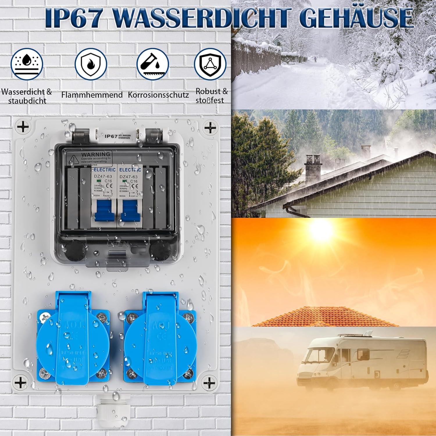 Baustromverteiler Vorverkabelt Stromverteiler, 2x 230V Schuko Steckdosen, Wandverteiler mit 2x Leitungsschutzschalter 16A 1P, IP67 Wasserdicht Gehäuse für Innen und Außen