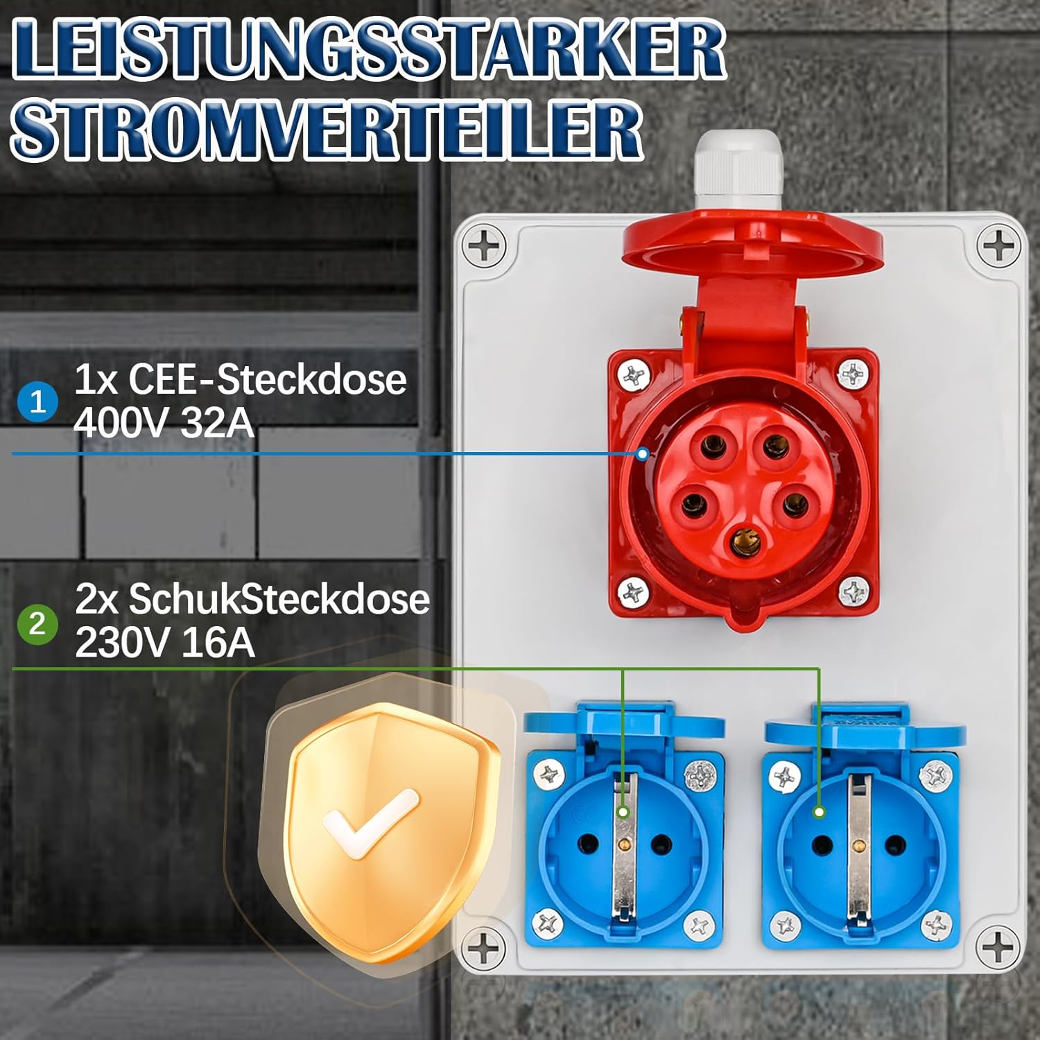 Wandverteiler Baustromverteiler Vorverkabelt Stromverteiler, 2x 16A 230V Schuko Steckdosen + 1x CEE 16A 380V, IP67 Wasserdicht Gehäuse für Innen und Außen