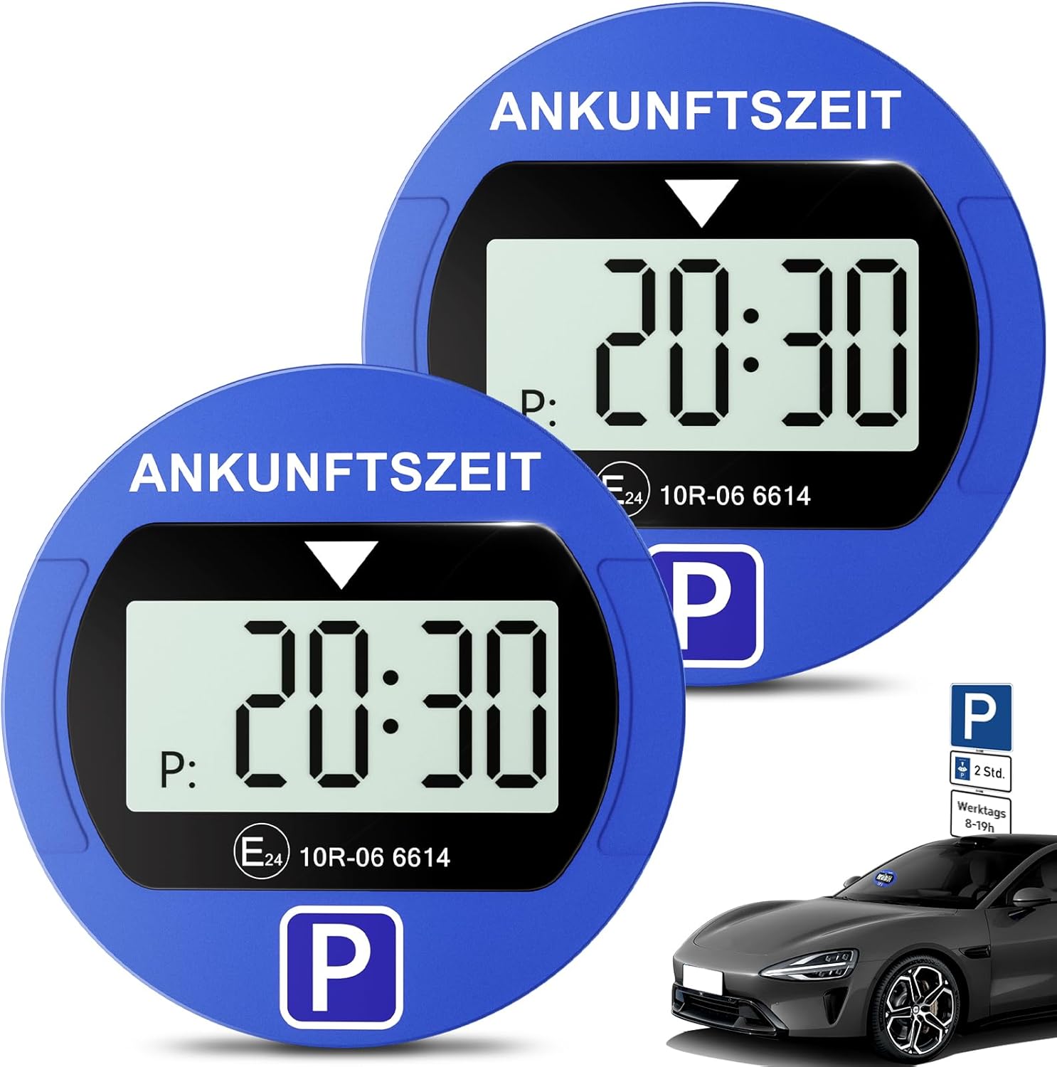 2 Stück Elektronische Parkscheibe mit Zulassung vom KBA, Automatische Digitale Parkscheibe Elektrisch mit Batterie, Elektrische Parkuhr Auto mit 2 Displays & Nachtparkmodus & Vielseitig