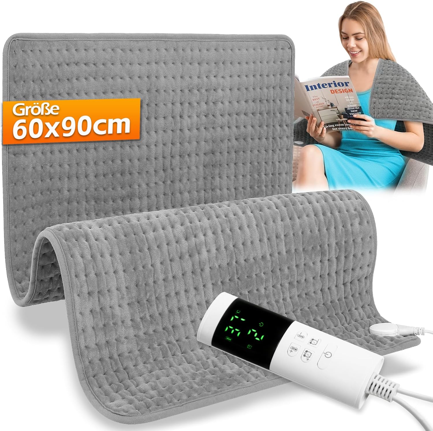 Heizkissen mit Abschaltautomatik, Elektrisch Wärmekissen mit 30 Temperaturstufen & 12 Timer, Maschinenwaschbare, Schnellheizende Ultraweich Heizdecke für Rücken Schulter Nacken Bauch, 60x90cm