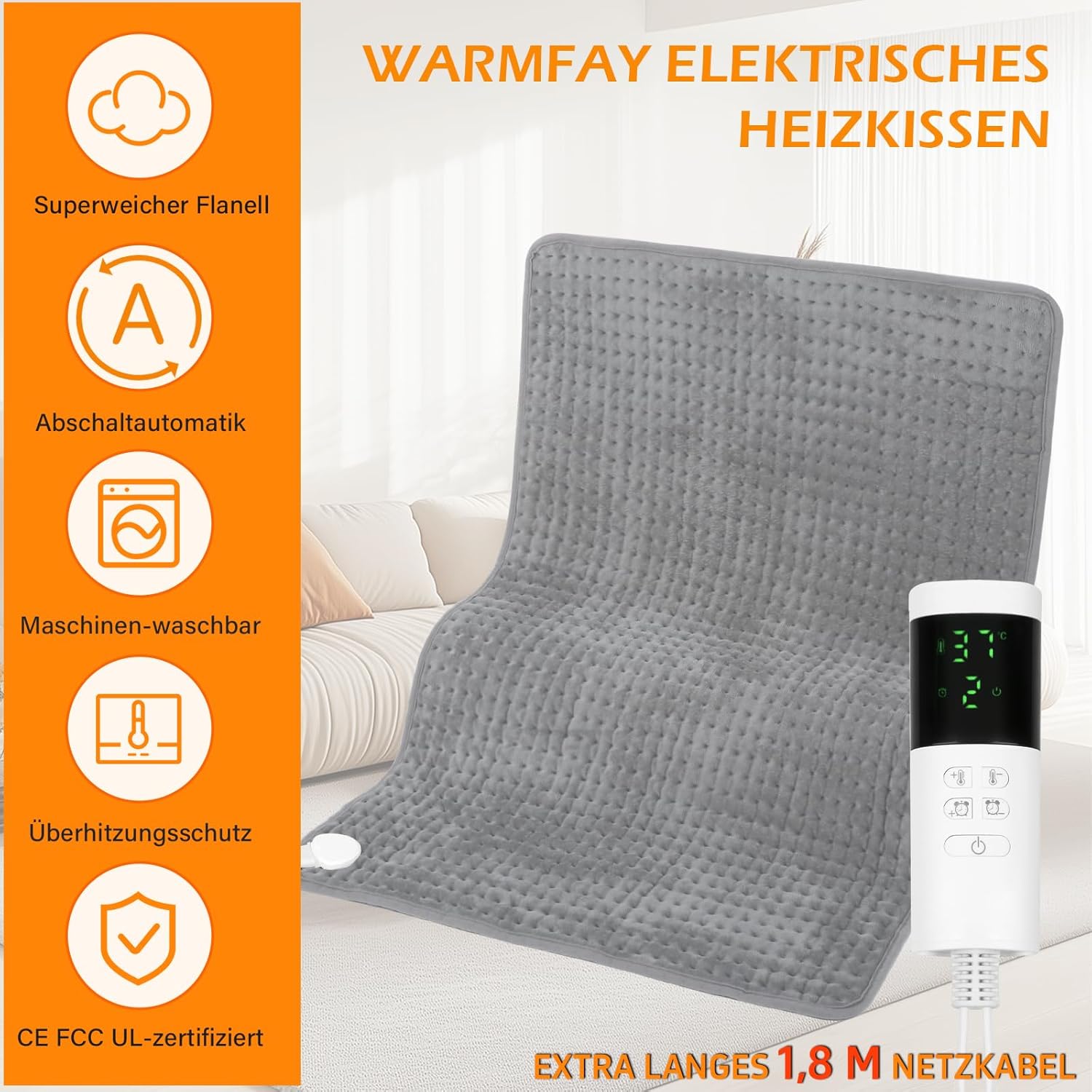 Heizkissen mit Abschaltautomatik, Elektrisch Wärmekissen mit 30 Temperaturstufen & 12 Timer, Maschinenwaschbare, Schnellheizende Ultraweich Heizdecke für Rücken Schulter Nacken Bauch, 40x80cm