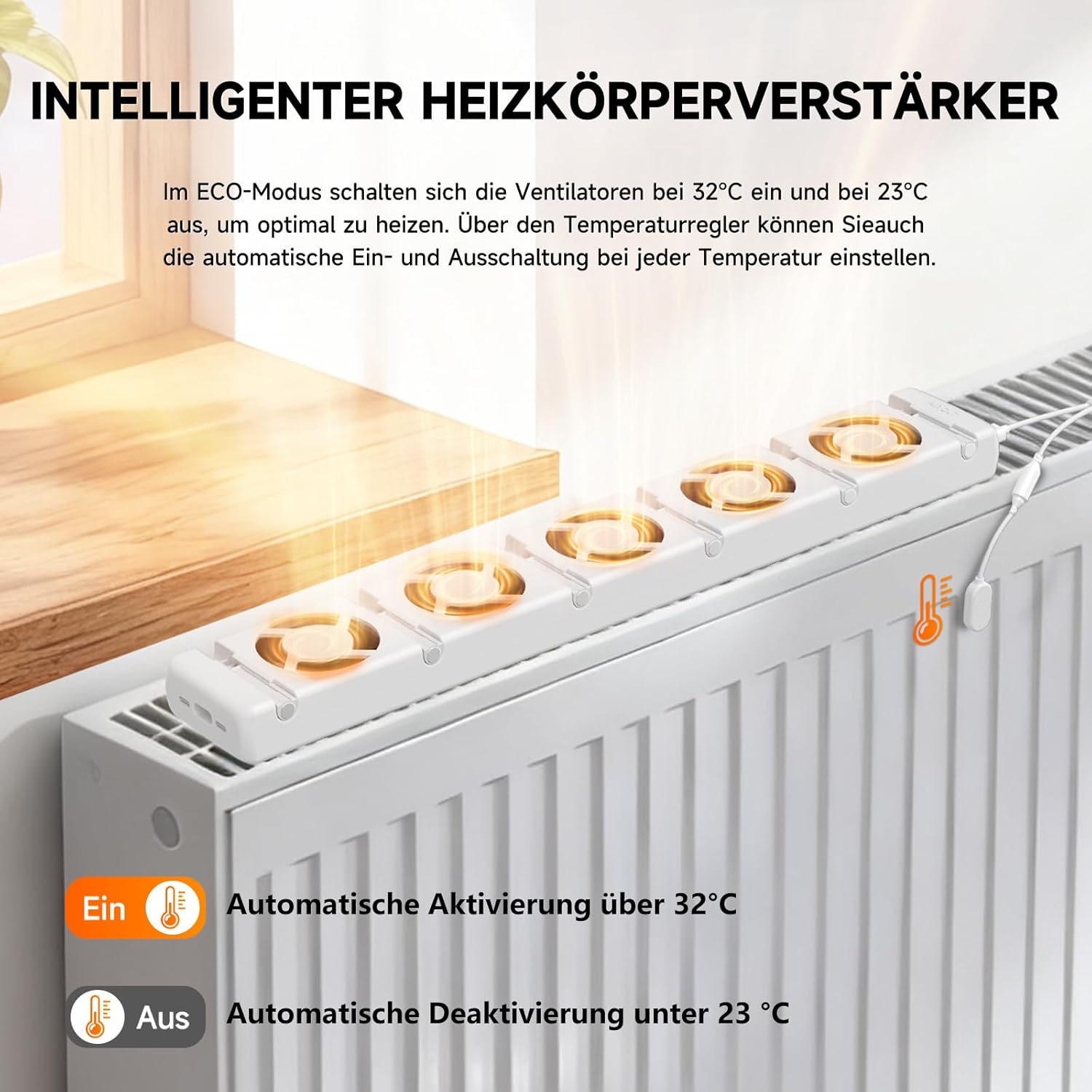 Heizkörper Ventilator 5.0 Heizungsventilator, Smart Heizkörperverstärker Einstellbarer Geschwindigkeit mit Thermostaten, Heizungslüfter Lauf Ruhig Sparen von Energie & Heizkosten (Duo Set)