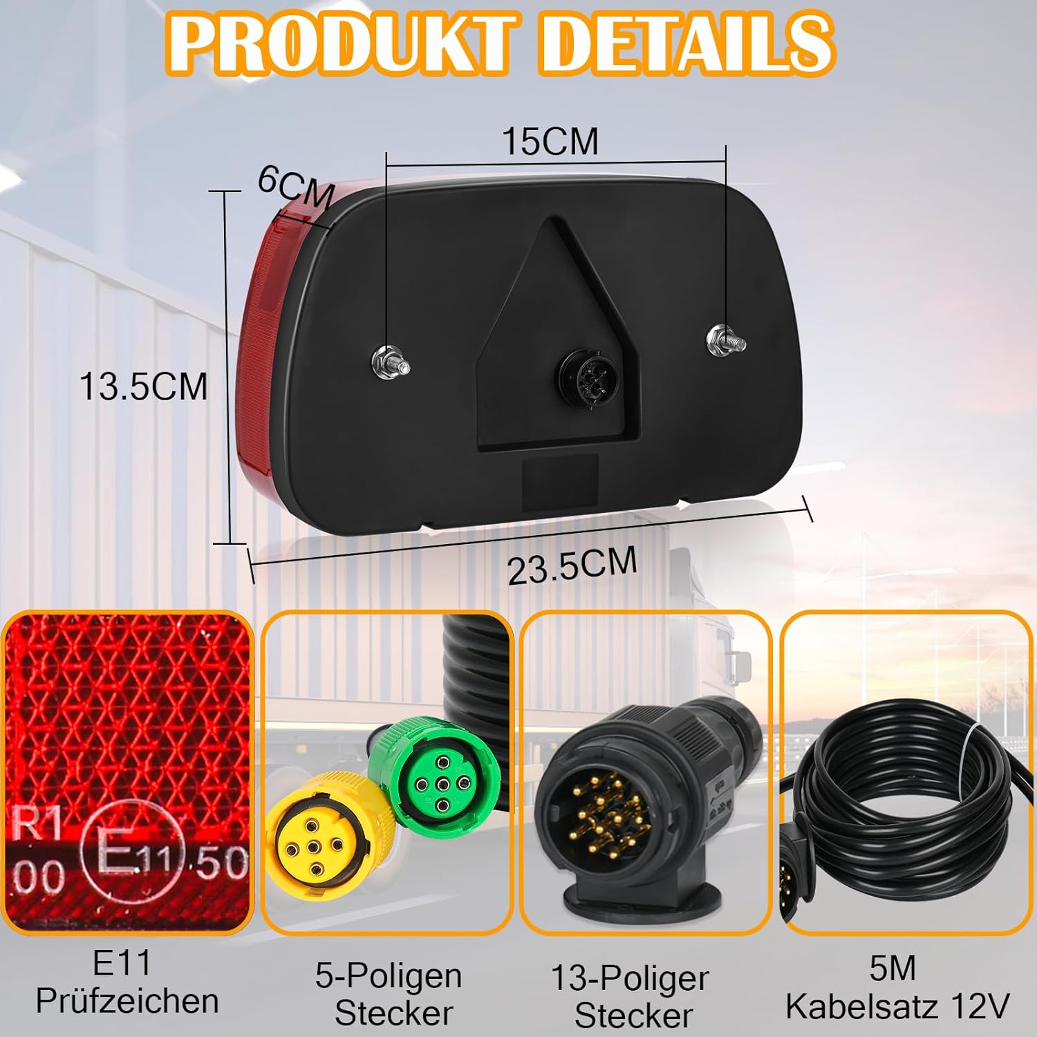 Anhänger Rückleuchten, 12V Universal Rückleuchten Set Anhänger 13 Polig Stecker 5M Kabelsatz, PKW LKW Beleuchtung mit E11-Zertifiziert für Straßenverkehr Zugelassen