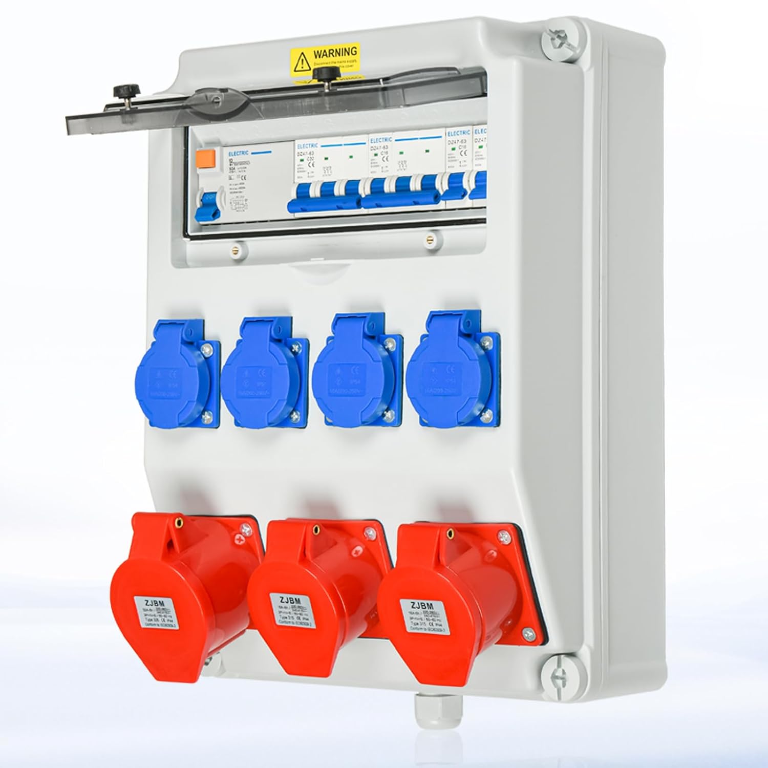 Wandverteiler Stromverteiler Vorverkabelt, 4x 230V + 2x CEE 16A + 1x CEE 32A, Baustromverteiler mit FI-Schalter 50A und LS Schalter, IP67 Wasserdicht Gehäuse für Innen und Außen