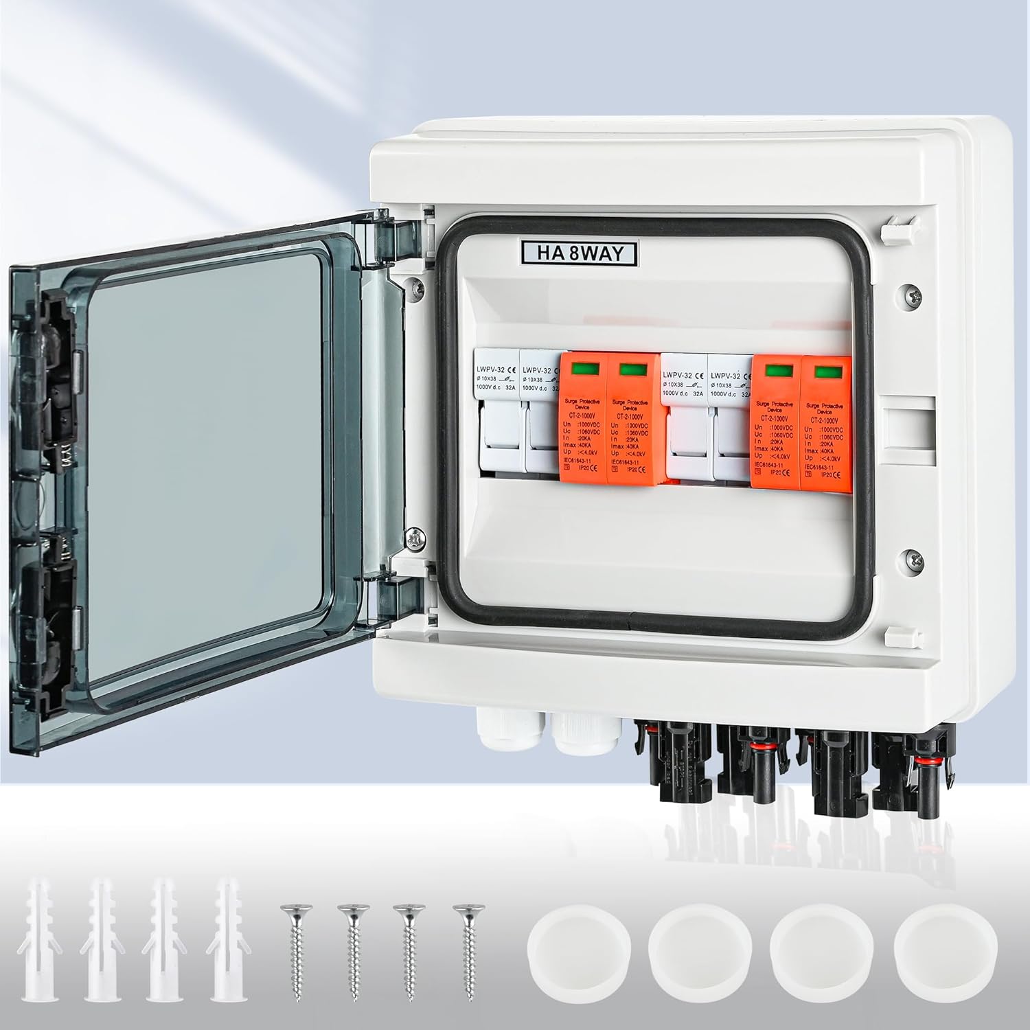 Überspannungsschutz PV DC1000V Blitzschutz PV Anlage 20-40KA, Solar Überspannungsschutz 2 String 8 Module mit 16A-Sicherung, IP65 Wasserdicht & UV-Beständig Solar Anschlusskasten 2 in 2 out