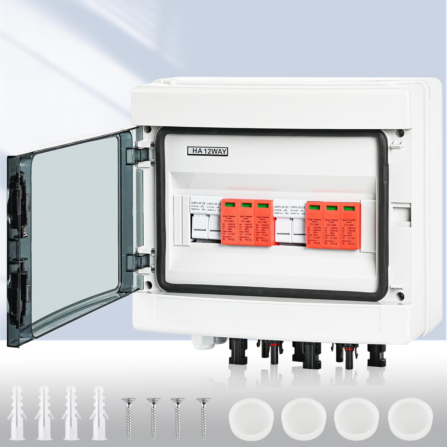 Überspannungsschutz PV DC1000V Blitzschutz PV Anlage 20-40KA, Solar Überspannungsschutz 2 String 12 Module mit 16-Sicherung, IP65 Wasserdicht & UV-Beständig Solar Anschlusskasten 2 in 2 out
