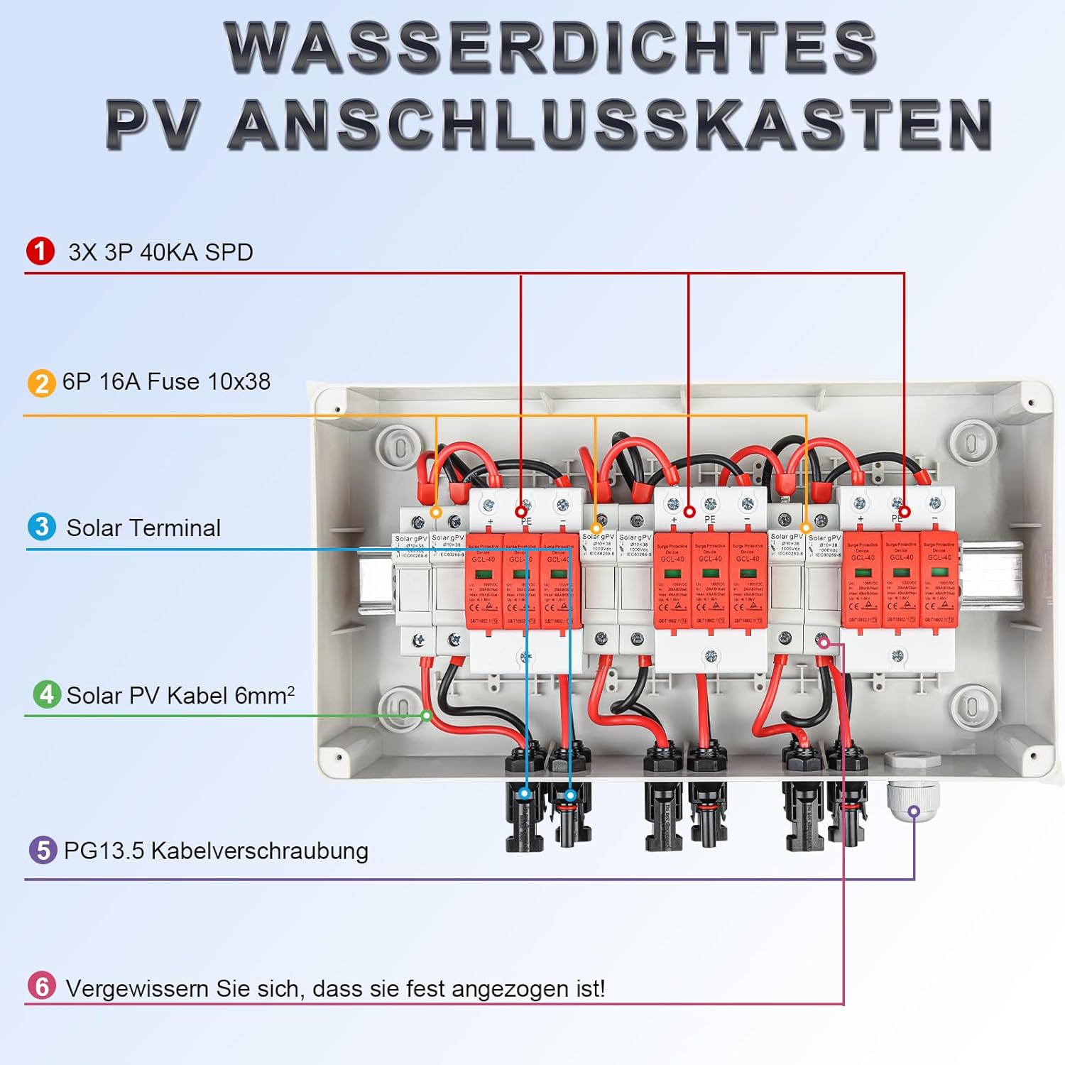 Überspannungsschutz PV DC1000V Blitzschutz PV Anlage 20-40KA, Solar Überspannungsschutz 3 String mit 16A-Sicherung, IP65 Wasserdicht & UV-Beständig Solar Anschlusskasten 3 in 3 out