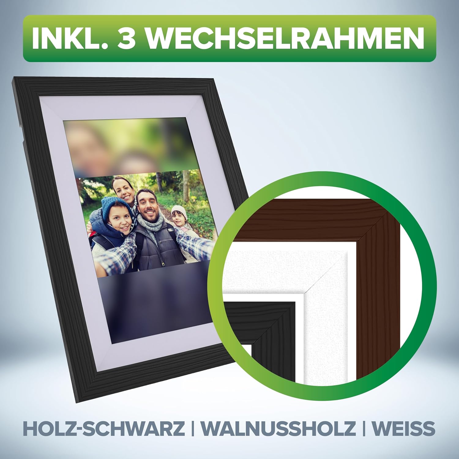 Digitaler Bilderrahmen, WiFRAME 2, FRAMEO, inkl. 3 Wechselrahmen, Walnussholz, WiFi, 10,1 Zoll mit Touch-Funktion, 1920x1200, 16GB Speicher, Teilen Sie Ihre Momente sofort von überall