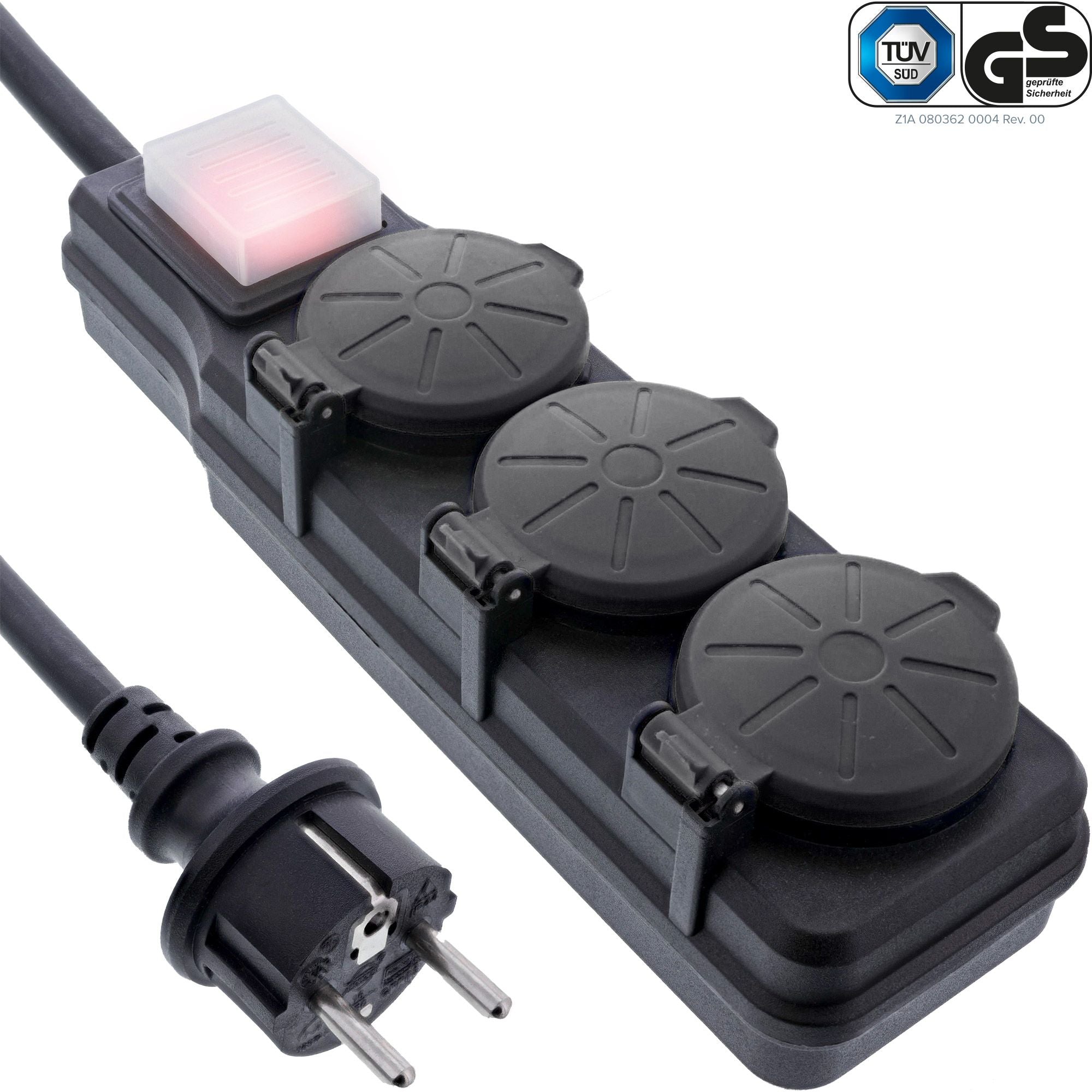 3-Fach Steckdosenleiste, Außensteckdose, Outdoor, Mehrfachsteckdose, Steckerleiste, IP44, mit beleuchtetem EIN/Aus Schalter, erhöhter Berührungsschutz, Länge: 3m