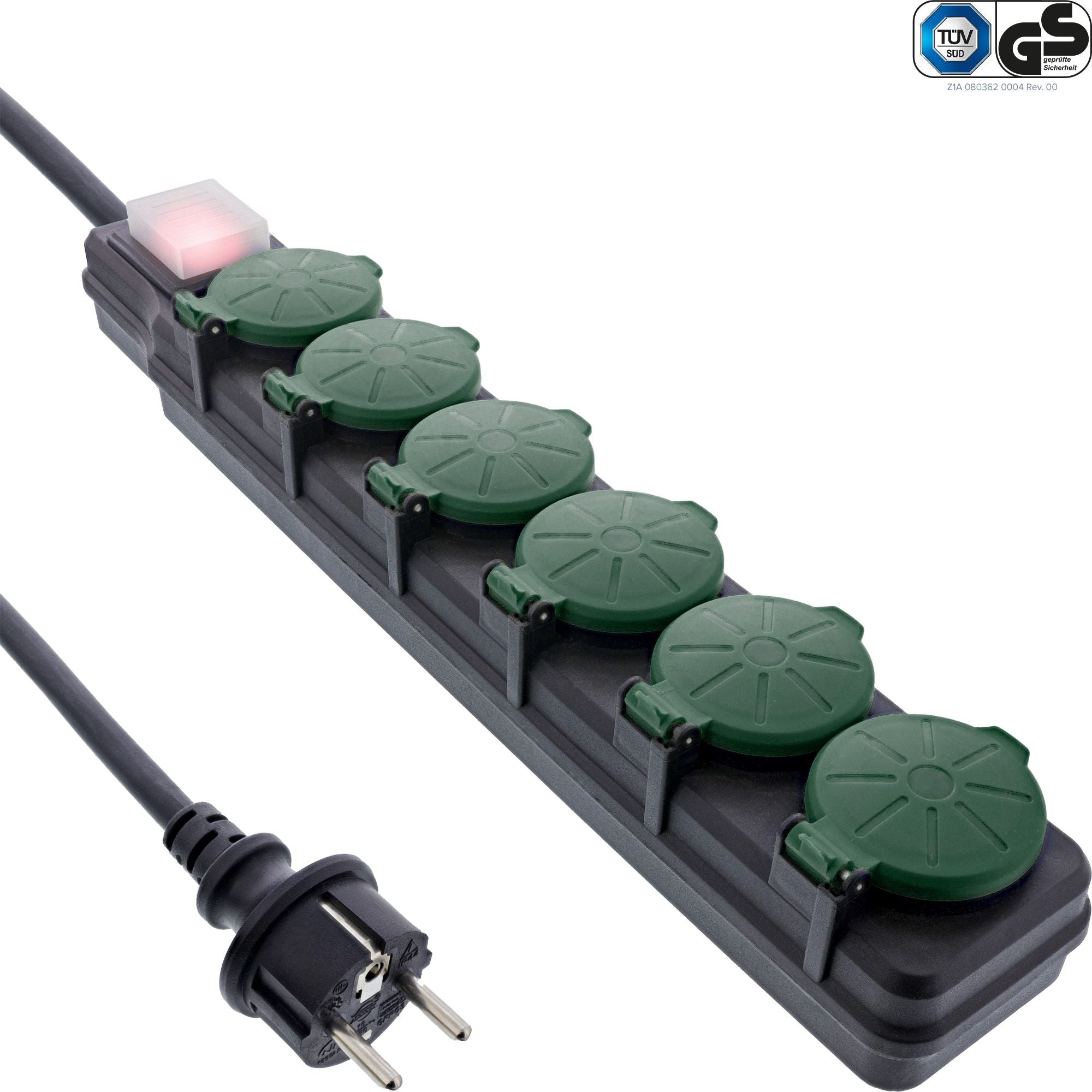 6-Fach Steckdosenleiste, Außensteckdose, Outdoor, Mehrfachsteckdose, Steckerleiste, IP44, mit beleuchtetem EIN/Aus Schalter, erhöhter Berührungsschutz, Länge: 10m