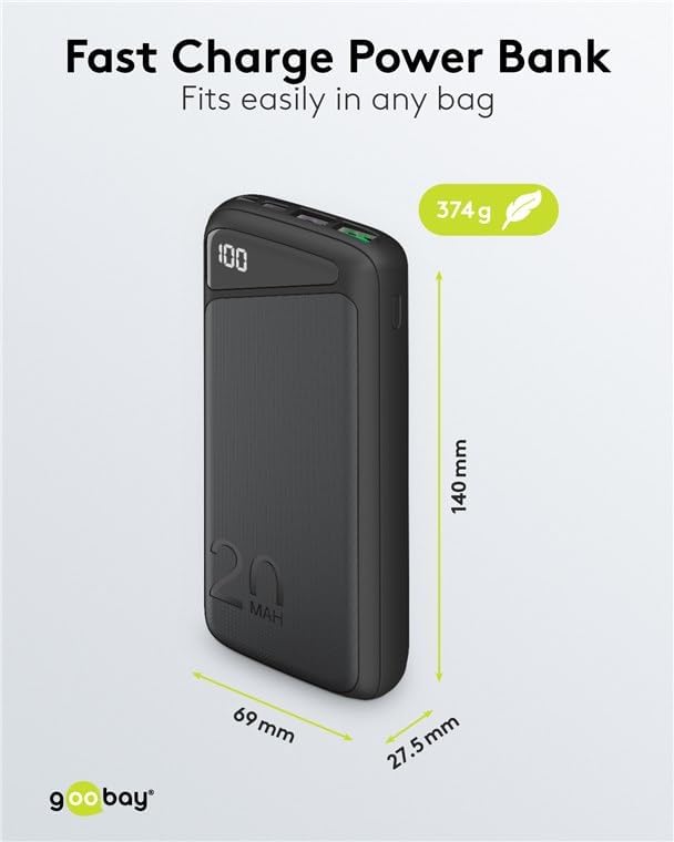 QC 3.0 Powerbank 20.000 mAh mit Schnellladefunktion / Externer Akku / Power Bank für Smartphone & Tablet / Ladegerät Powerpack mit 2 USB-A Ports, Schwarz, Kompakt