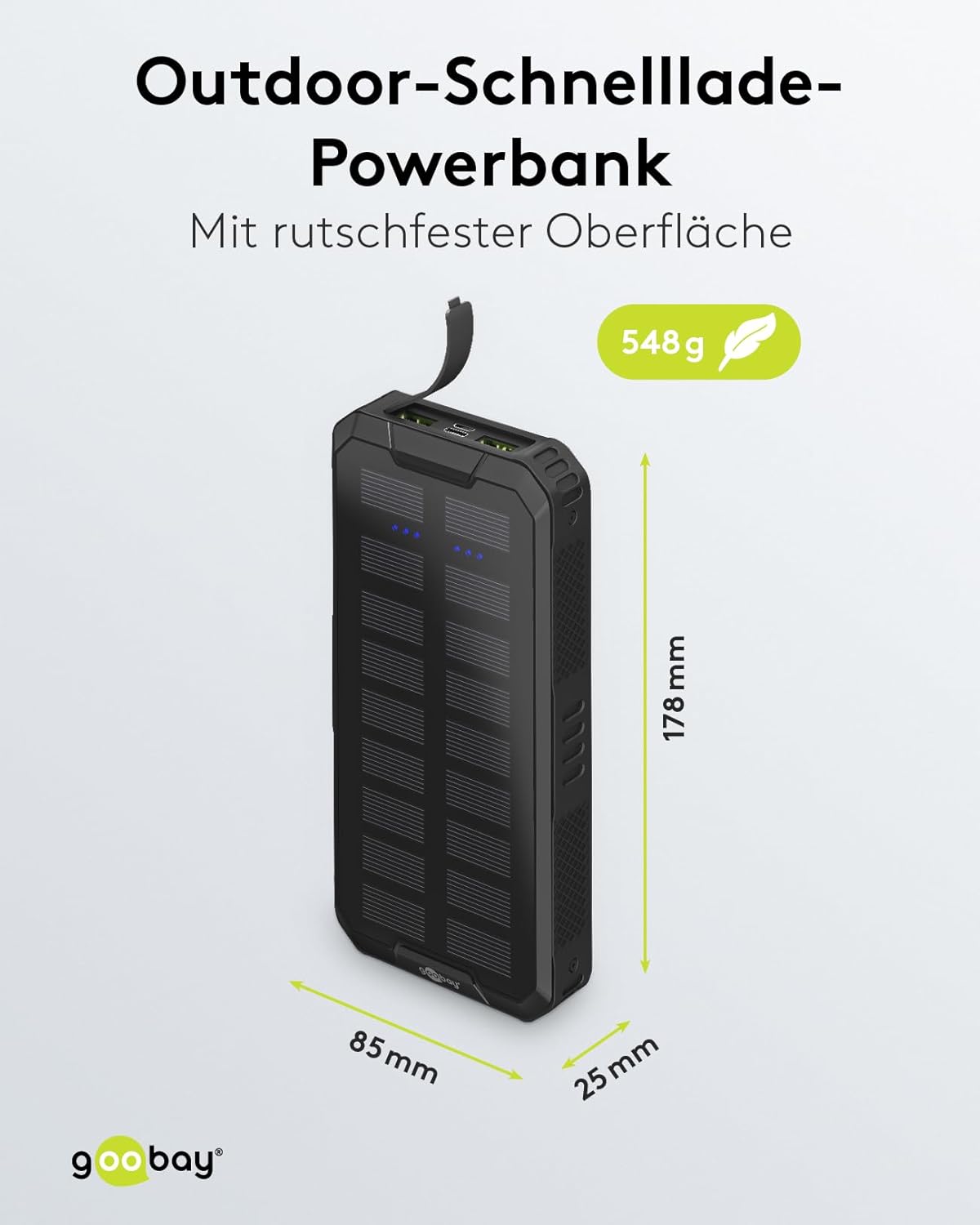 20000 mAh Outdoor Powerbank mit Solarpanel & Schnellladefunktion / Externer Akku mit Schnelllademodus / Power Bank für Smartphone & Tablet / Powerpack mit 2 USB-A QC 3.0 Ports, Schwarz