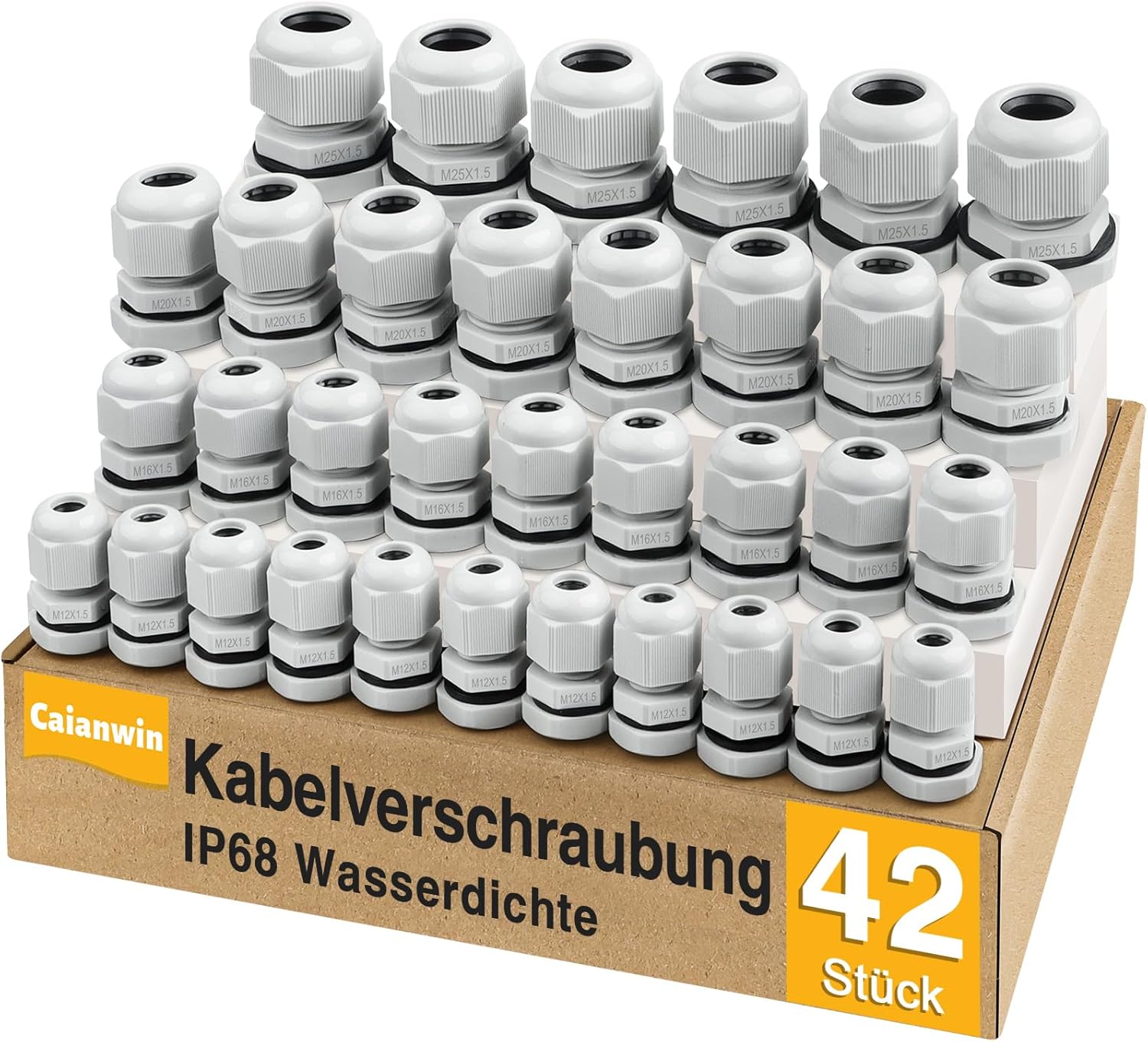 42 Stück Kabelverschraubung Set - Caianwin IP68 Kabeldurchführung Wasserdicht M12 M16 M20 M25 Verschraubung Set für Abzweigkasten,Verteilerkasten, Aufputz-Sicherungskasten,Wandverteiler