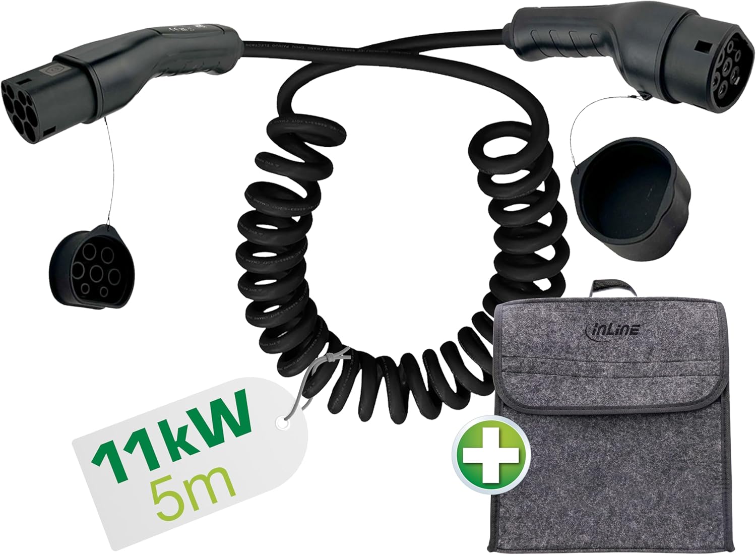 EV Spiral-Autoladekabel für Elektroauto, 5m, TYP2 EN 62196, inkl. Aufbewahrungstasche, 11KW MAX./7,4KW/3,7KW, 16A, 3-Phasig, kompatibel mit Modellen wie i3, iX, ID.3, ID.4 und Anderen