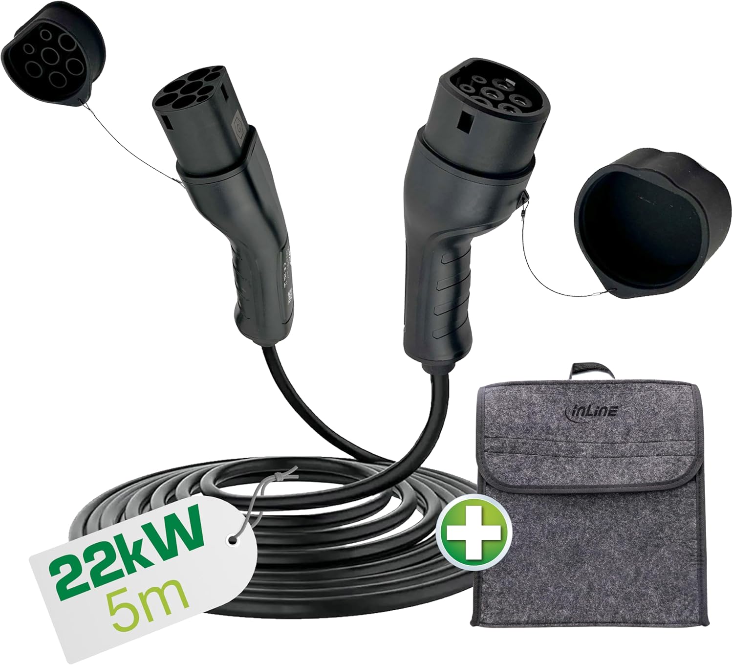 EV-Autoladekabel für Elektroauto, 5m, TYP2 EN 62196, inkl. Aufbewahrungstasche, 22KW MAX./11KW/7,4KW/3,7KW, 32A, 3-Phasig, kompatibel mit Modellen wie i3, iX, ID.3, ID.4 und Anderen