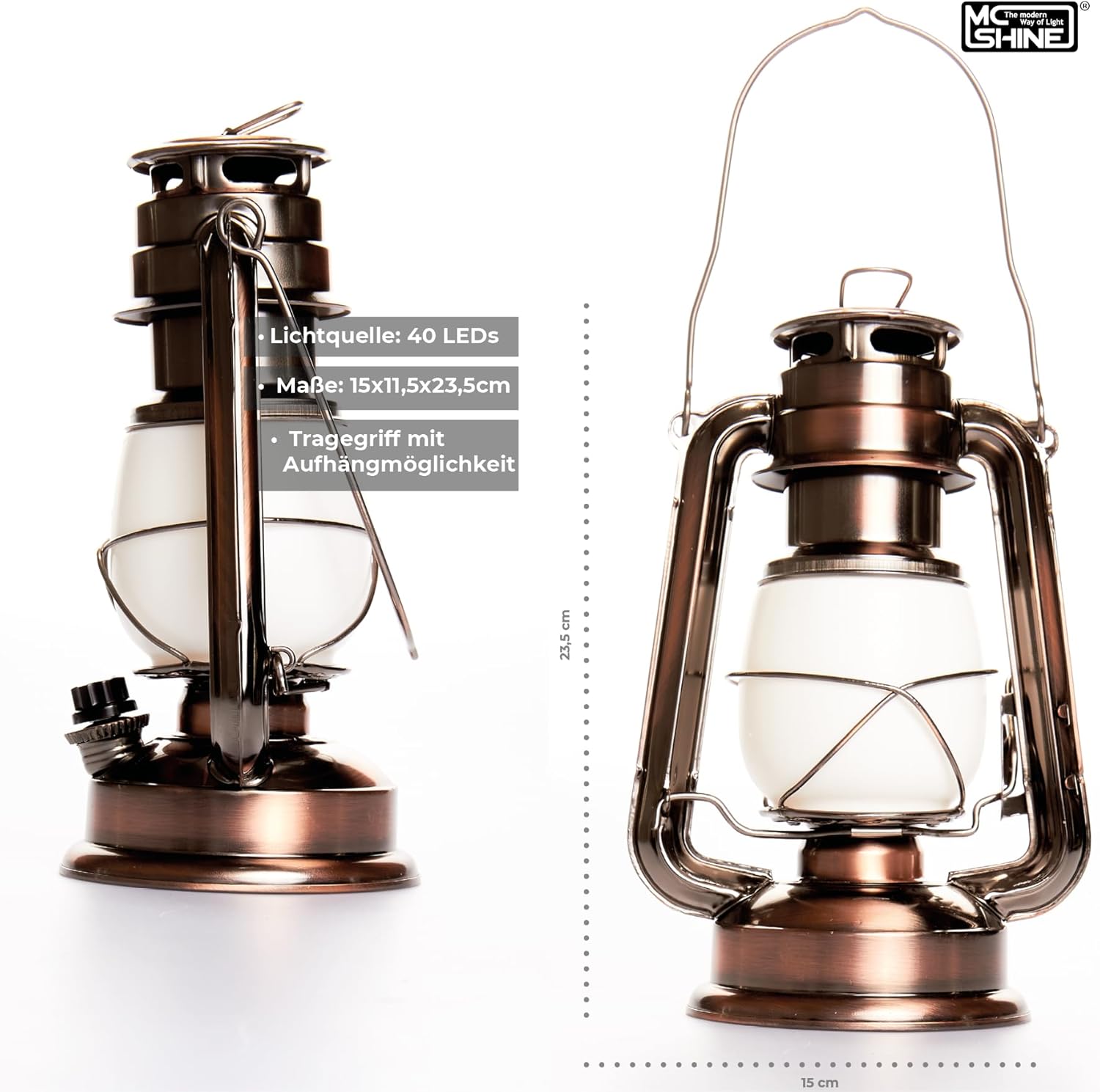 McShine Led Laterne dimmbar | Retro | Campinglampe 23cm batteriebetrieben, Campinglaterne tragbar mit Bügel, vintage Lampe Laternenlicht Hängelampe, warmweiß