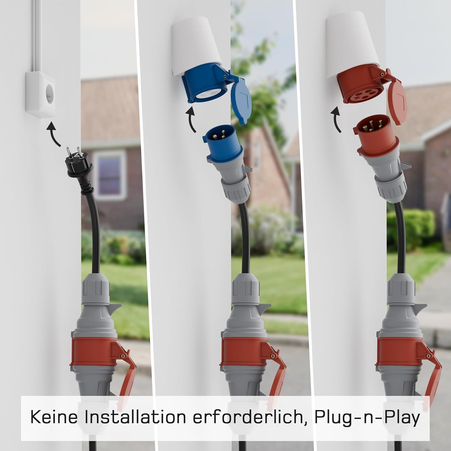 Adapterset CEE 32A 5-Poliger für Mobile Wallbox / EV Ladegerät / Ladestation an Rot 16A/ CEE Blau 16A/ 230V Haushaltssteckdose mit 0,5m Gummikabel H07RN-F 3G2.5mm² IP44 Außeneinsatz