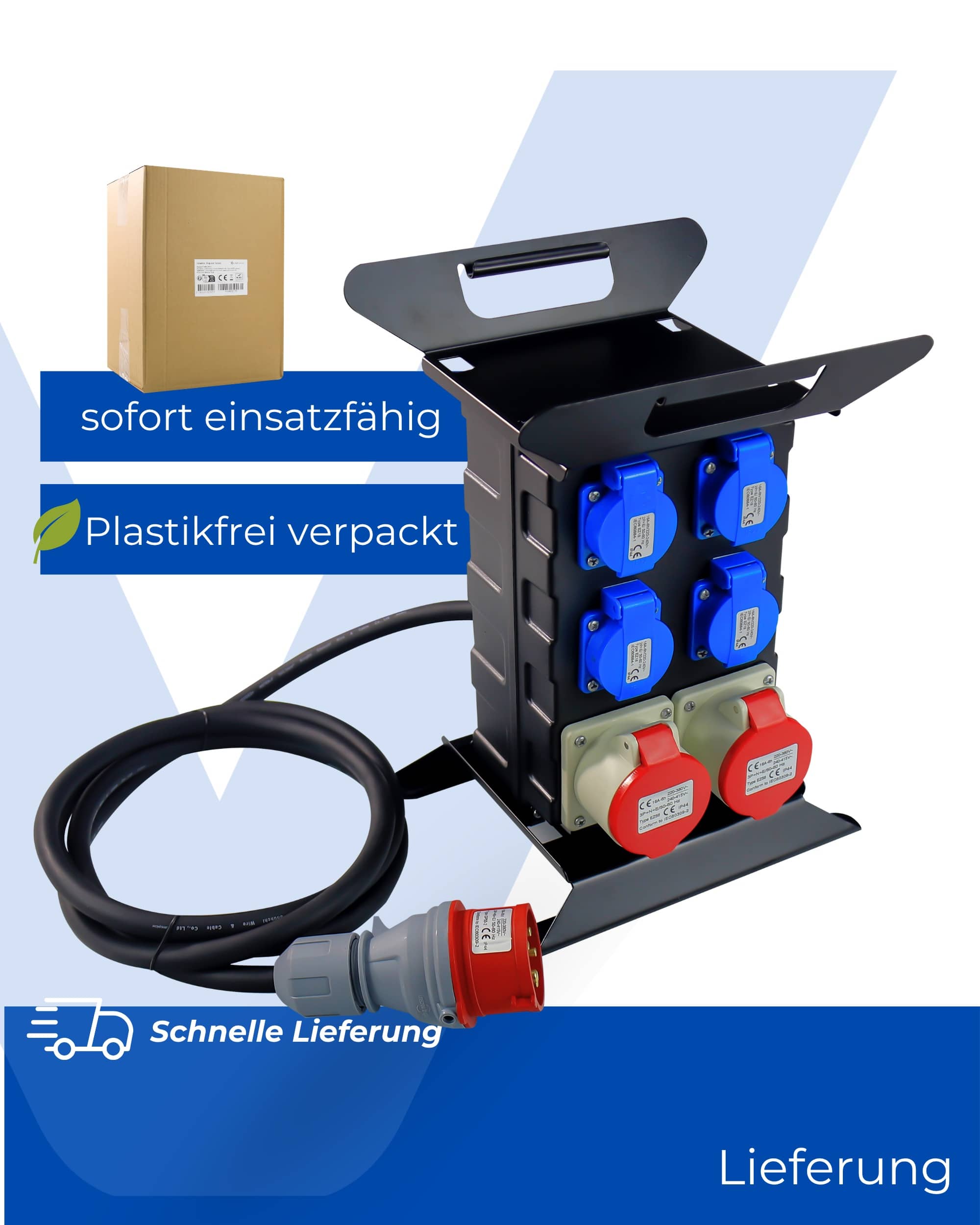 CEE Baustromverteiler Starkstrom Schuko Adapter 4 x 230V 2 x 400 V 5-polig 16A Mit FI Schutzschalter